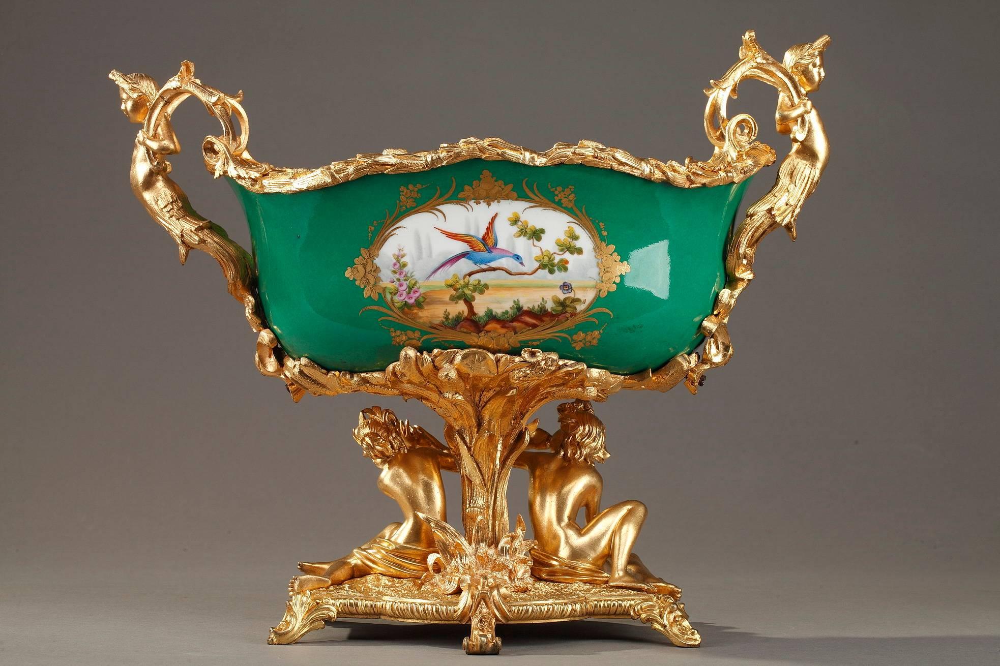 Napoleon III Gilt Bronze-Mounted Green Ground Porcelain Jardinière In Good Condition For Sale In Paris, FR