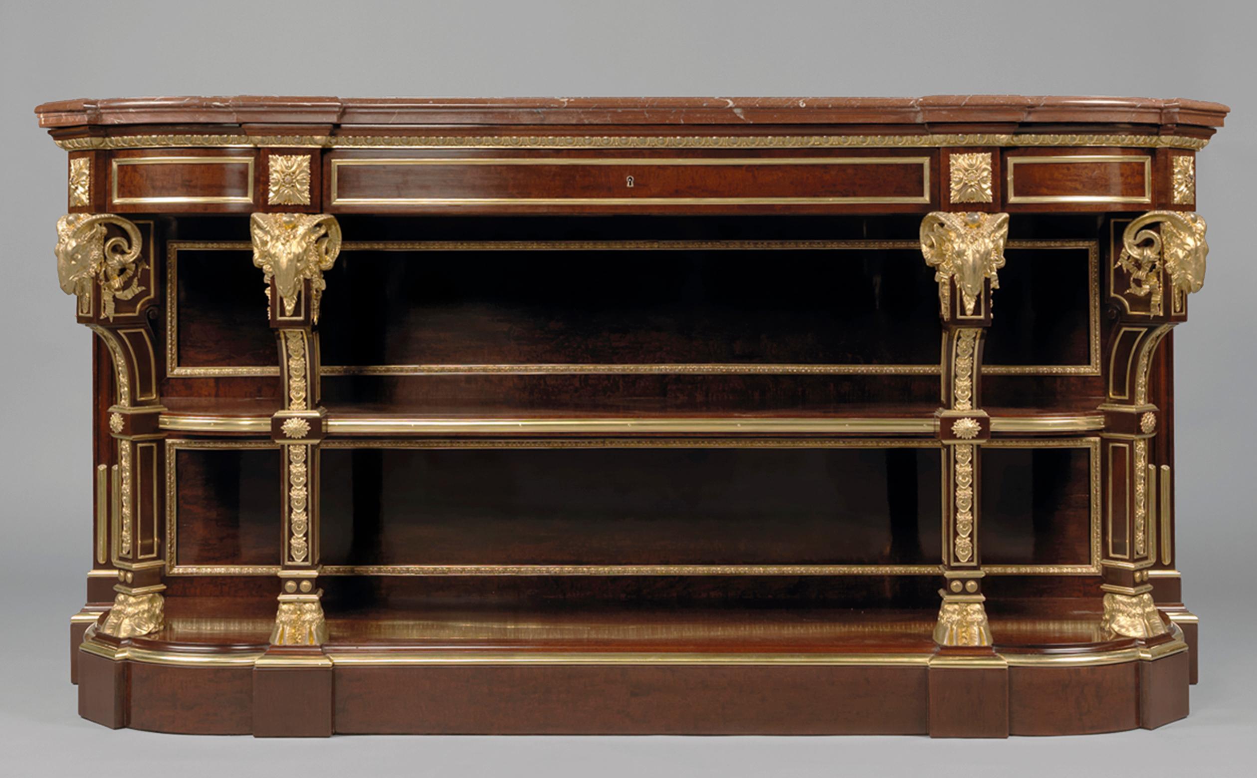 A large and impressive Napoléon III gilt-bronze mounted mahogany buffet with a rouge marble top, by Maison Grohé. 

French, circa 1860.

Stamped twice to the top rail beneath the marble top and once to the drawer edge ‘GROHÉ / A PARIS’.

This