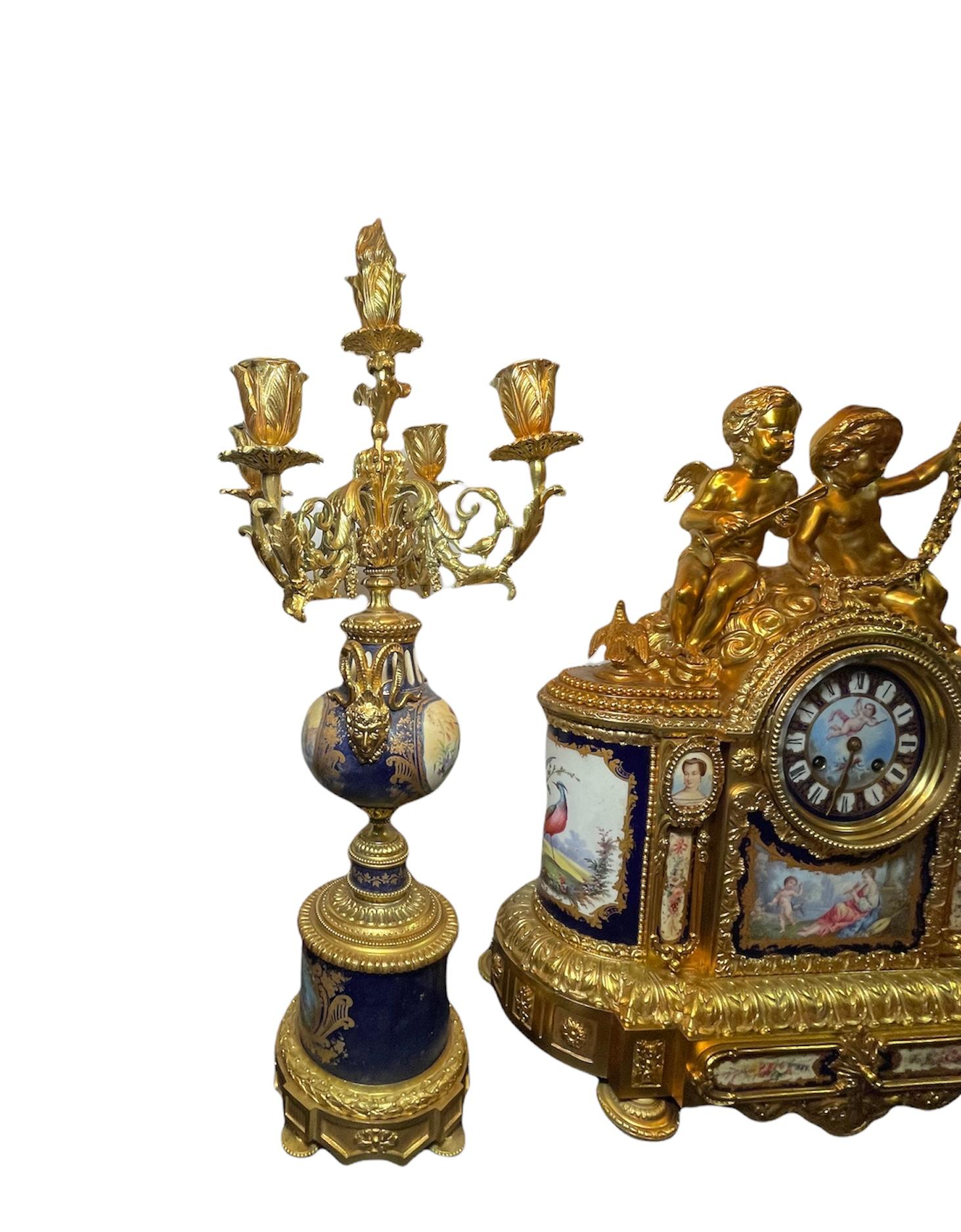 Napoleon III Gilt Bronze Mounted Sevres Style Porcelain Mantel Clock Garniture 7