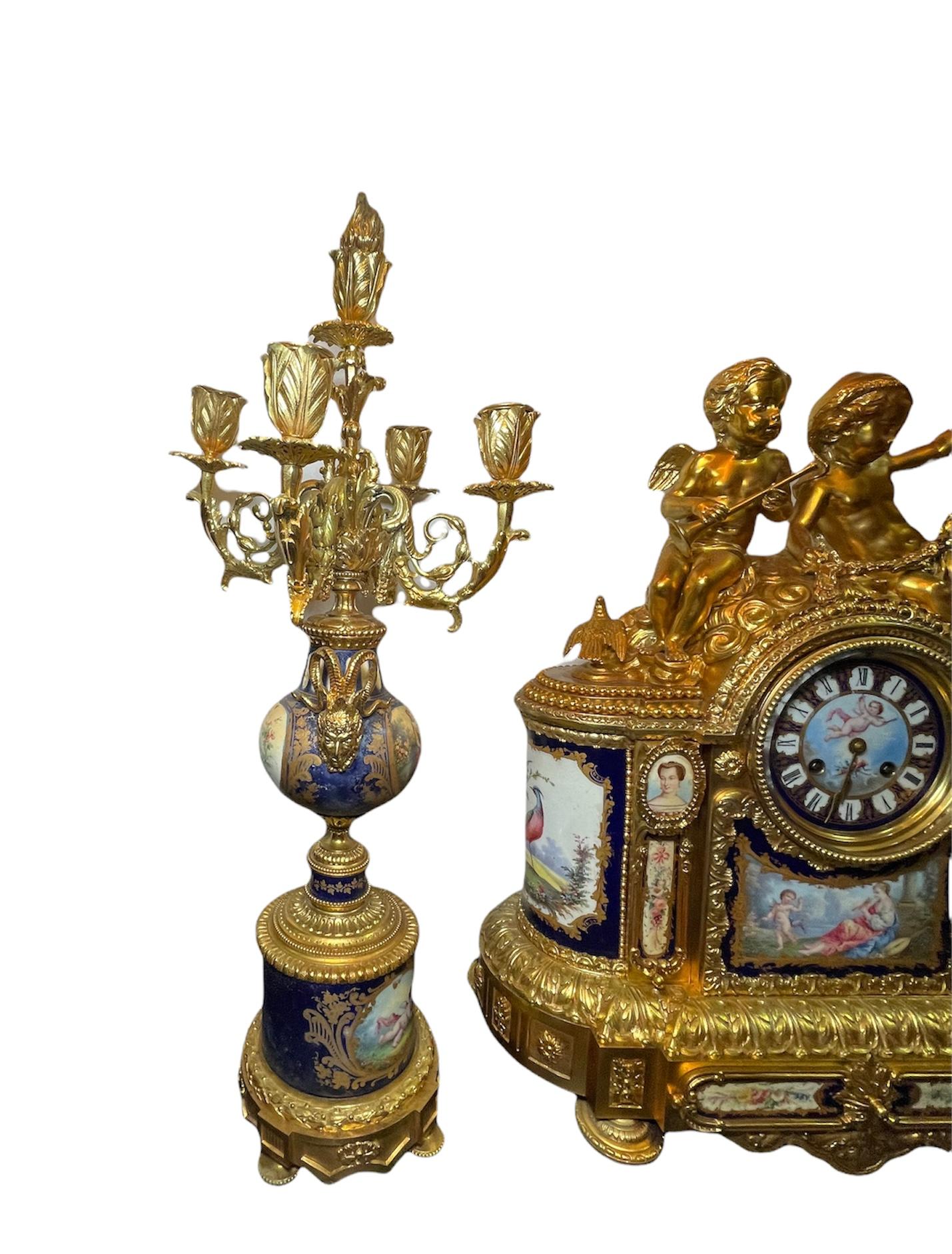 Napoleon III Gilt Bronze Mounted Sevres Style Porcelain Mantel Clock Garniture 8