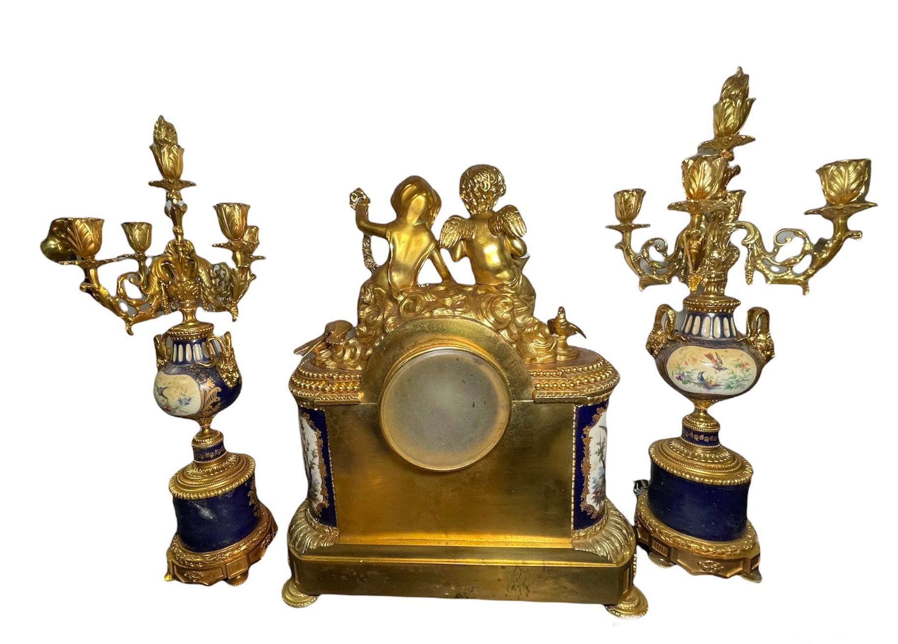 Napoleon III Gilt Bronze Mounted Sevres Style Porcelain Mantel Clock Garniture 9