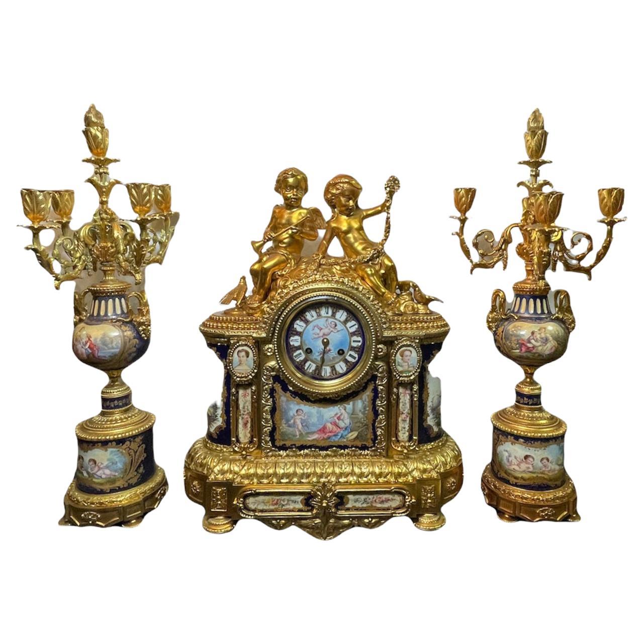 Napoleon III Gilt Bronze Mounted Sevres Style Porcelain Mantel Clock Garniture