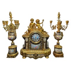 Napoleon III Gilt Bronze Mounted Sevres Style Porcelain Mantel Clock Garniture