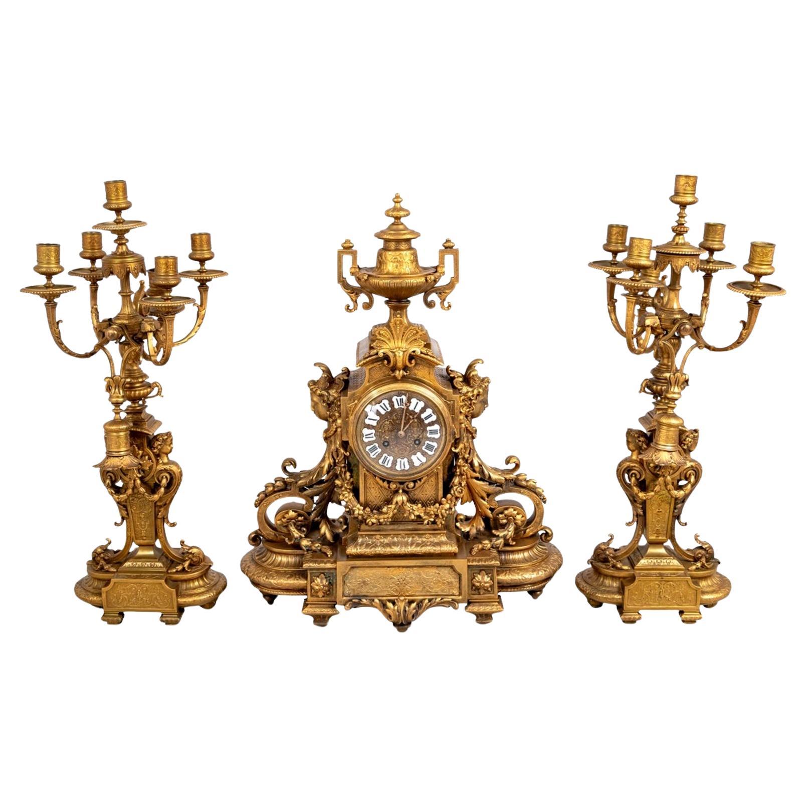 Napoleon III Gilt Bronze Three-Piece Clock Set For Sale