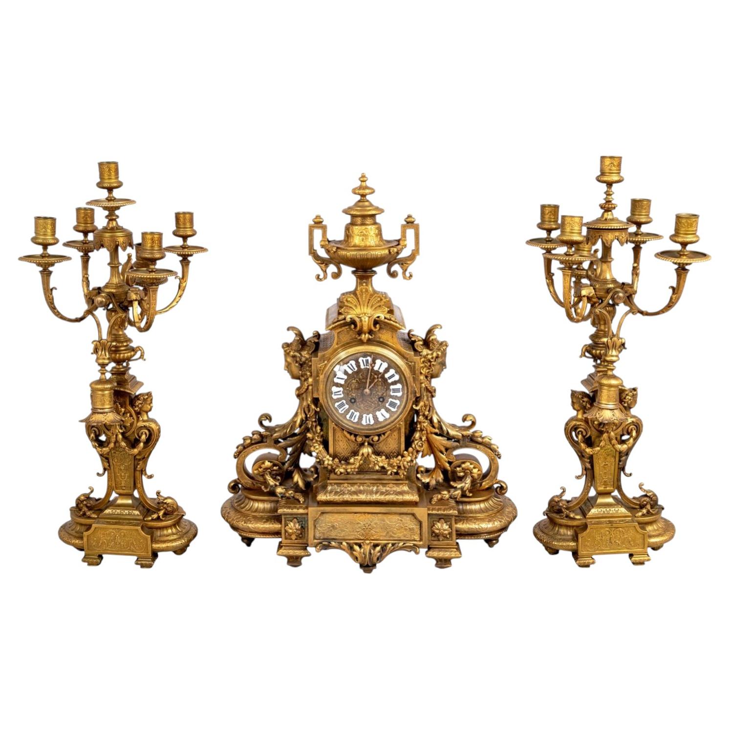 Napoleon III Gilt Bronze Clock Set with Candelabra, Circa 1870