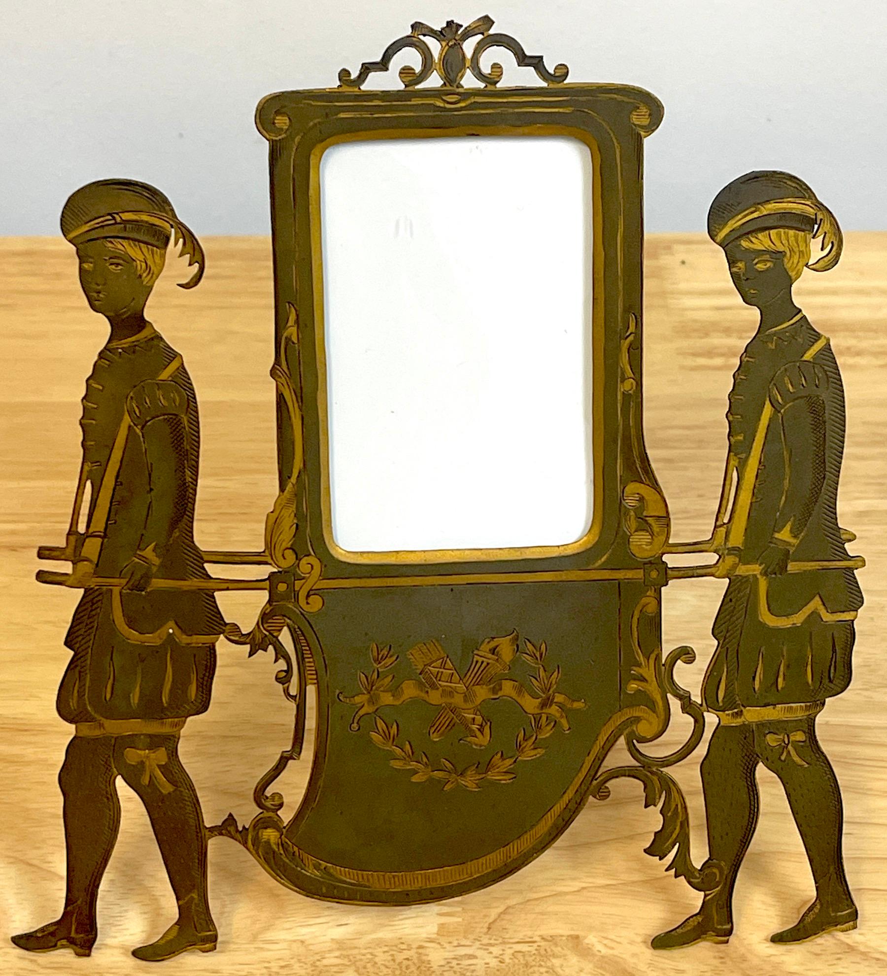 Napoleon III gilt & patinated bronze sedan chair frame, depicting two well dressed attendants carrying the sedan with its original convex 2