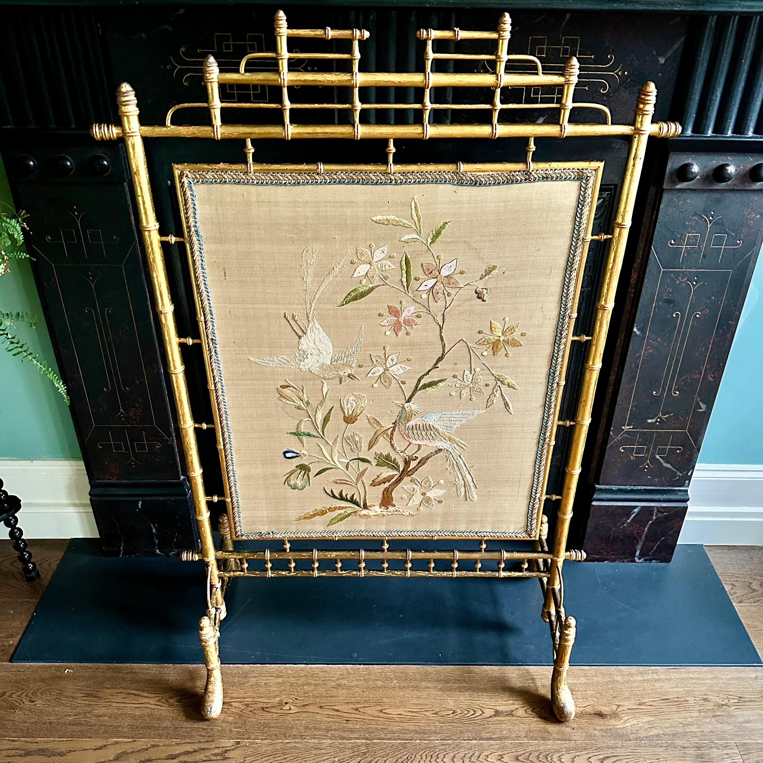 French Napoleon III Gilt Wood & Silk Fire Screen For Sale