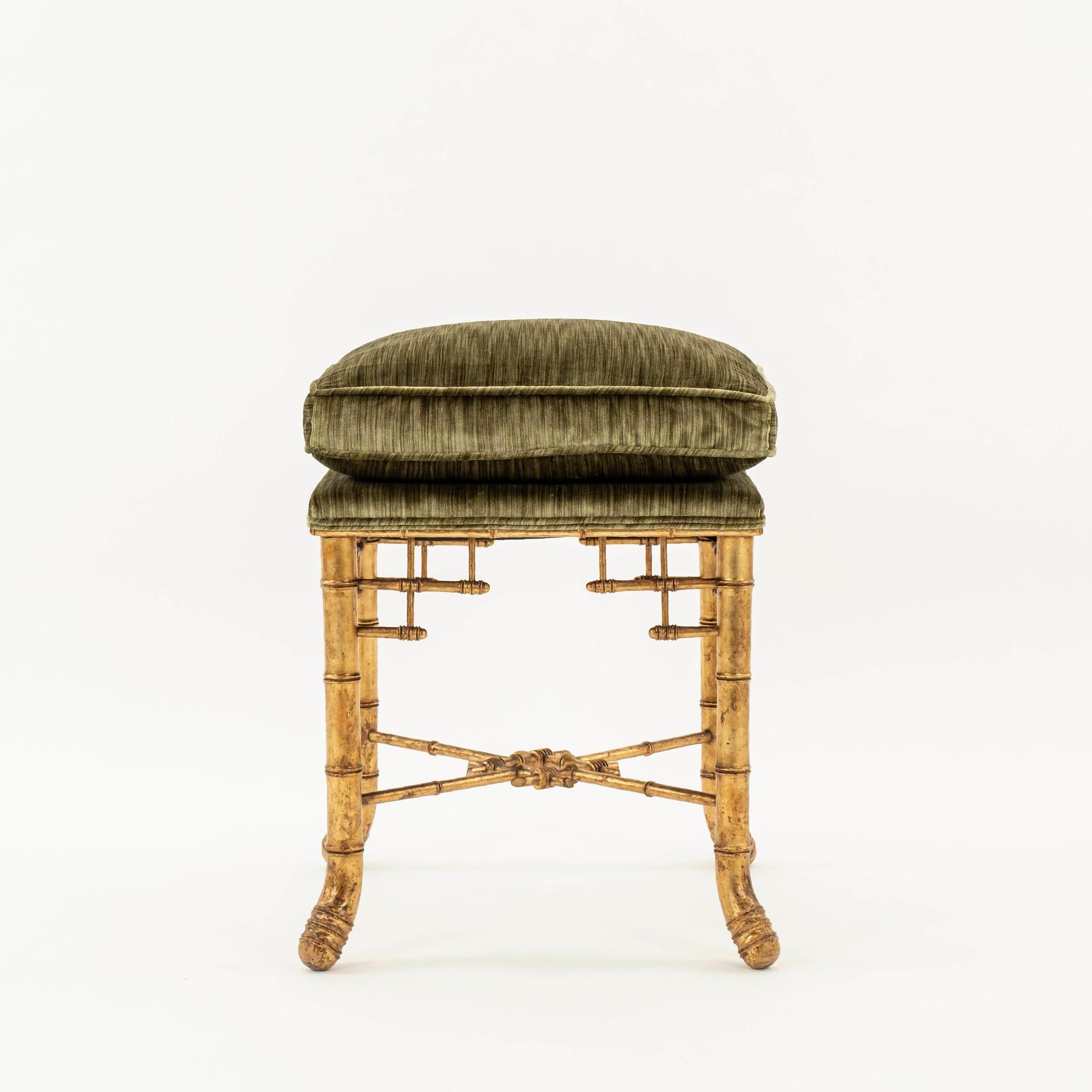 Napoleon III gilt bamboo stool newly upholstered in a verde green striated silk velvet with loose down feather seat cushion.