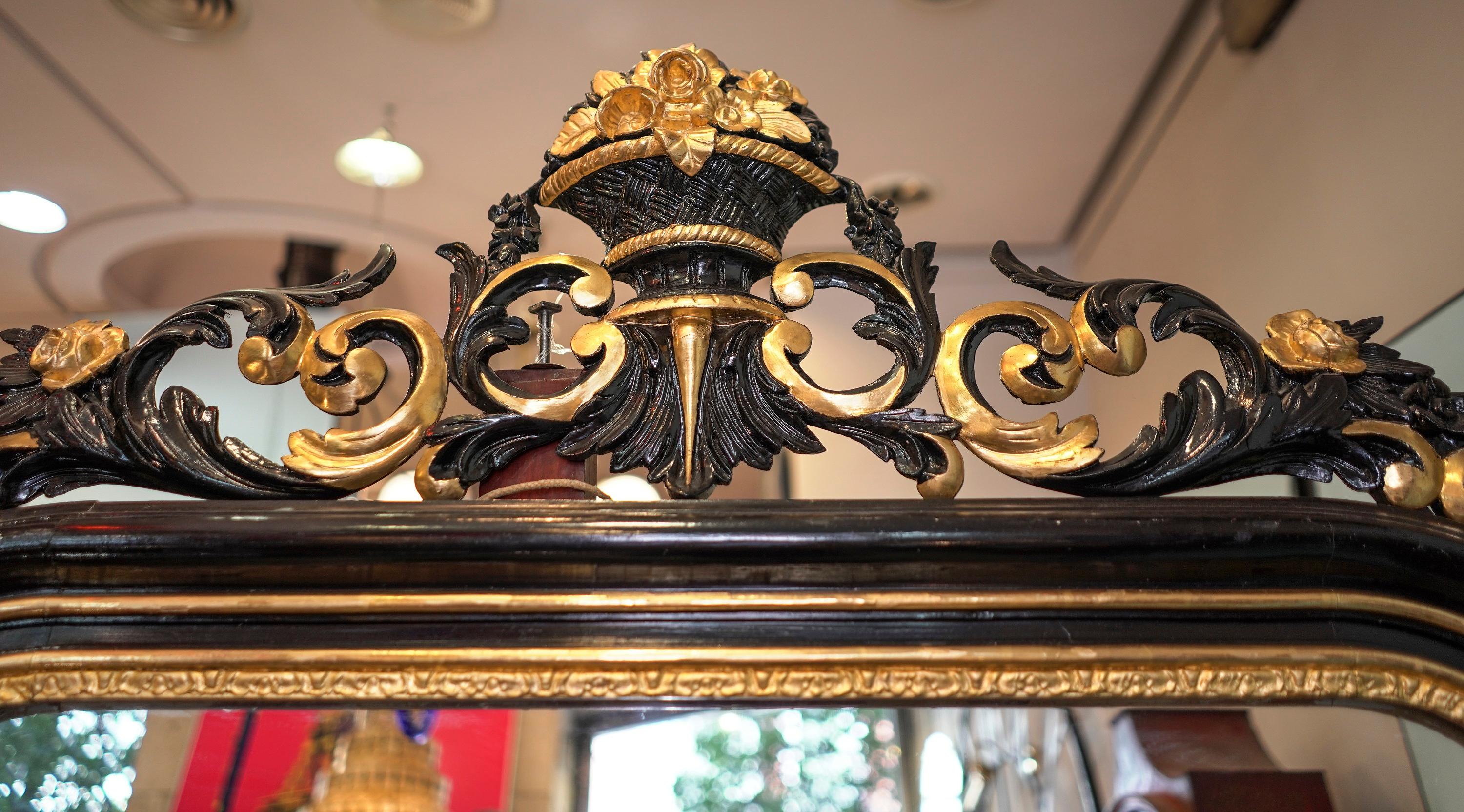 Hand-Carved Napoleon III Gold and Black Carved Wood French Wall Mirror, circa 1860