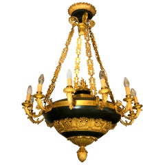Lustre à douze lumières Napoléon III en bronze doré et laque vert foncé