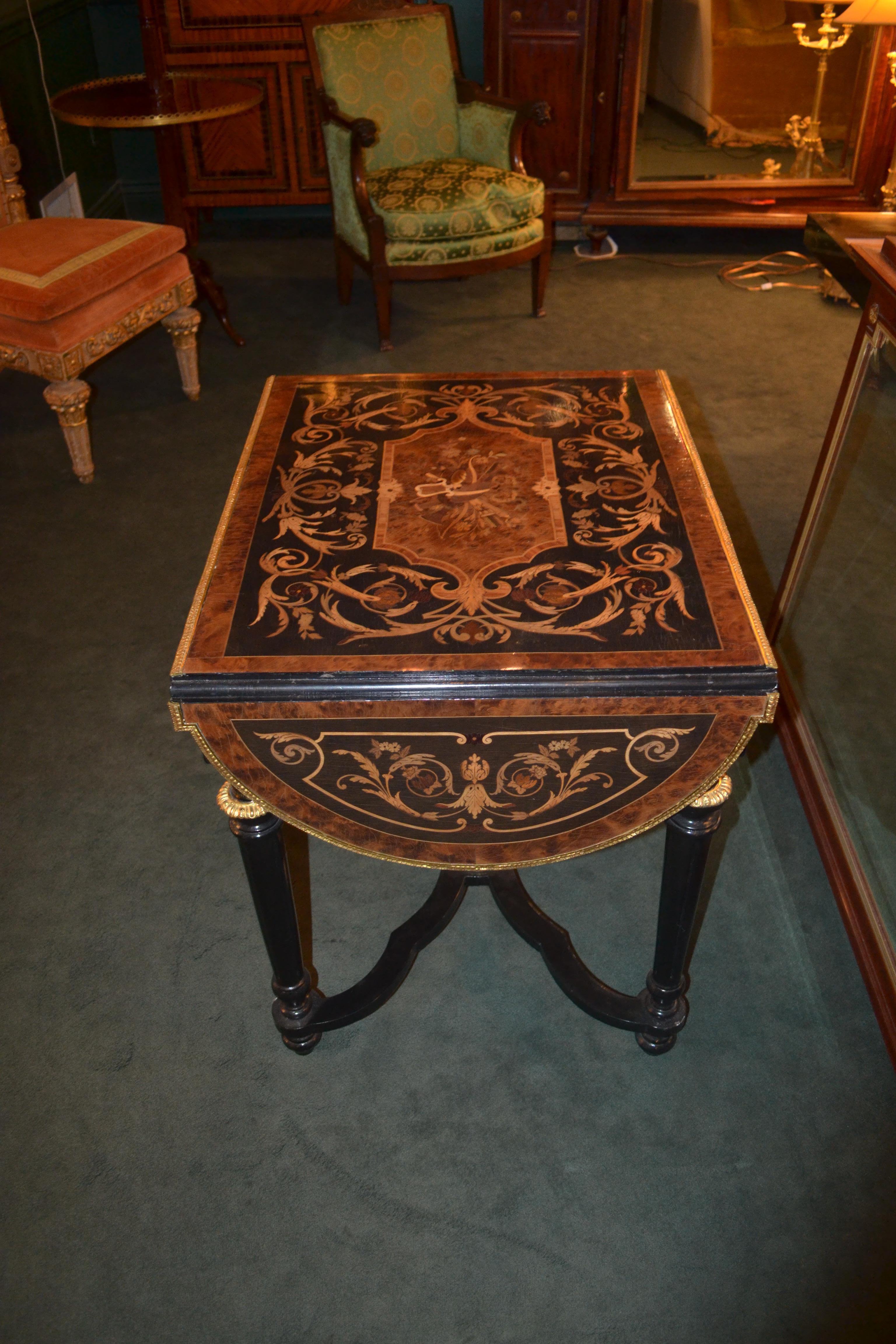 Napoleon III Inlaid Wood and Gilt Bronze Mounted Drop-Leaf Table For Sale 2