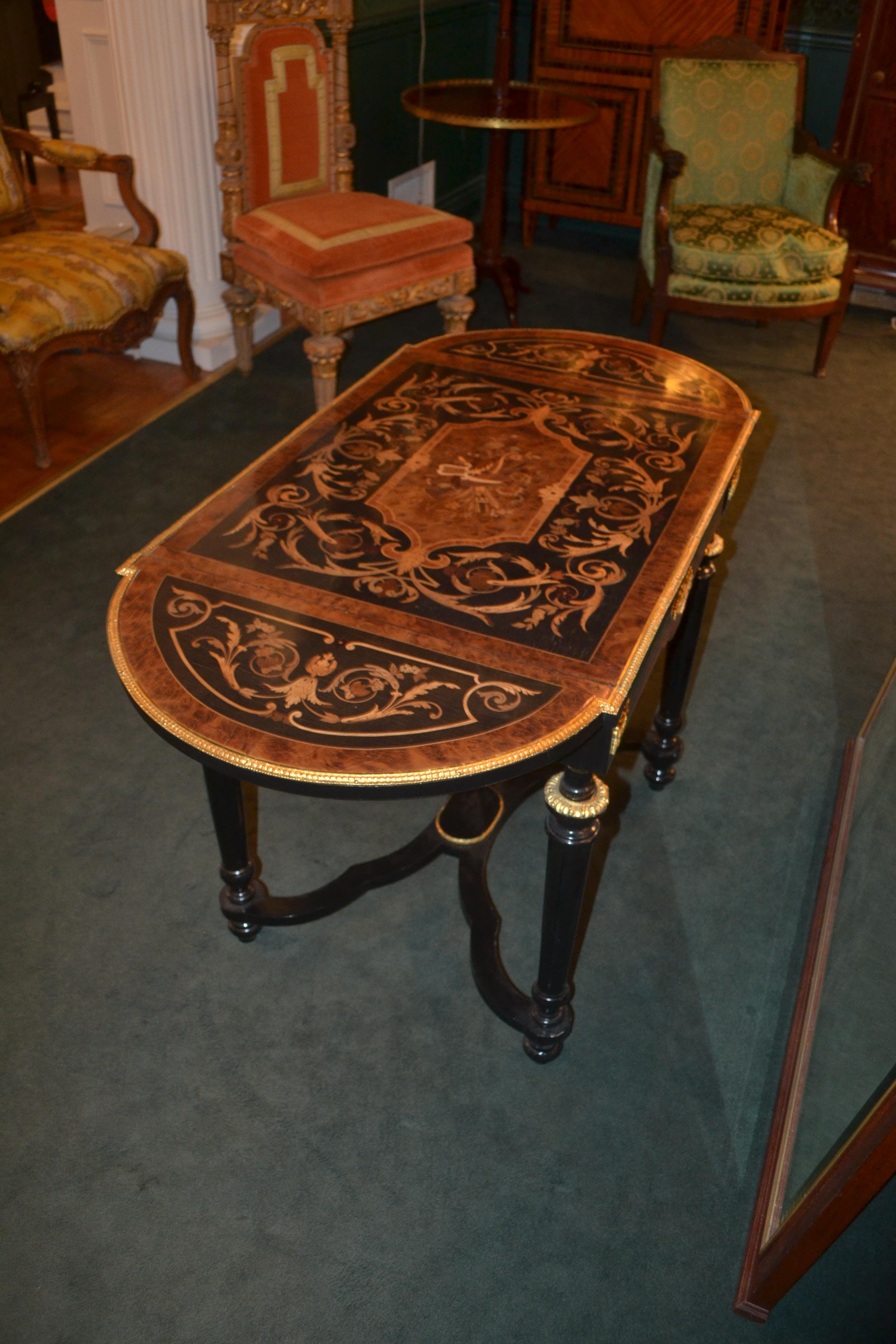 Ebony Napoleon III Inlaid Wood and Gilt Bronze Mounted Drop-Leaf Table For Sale