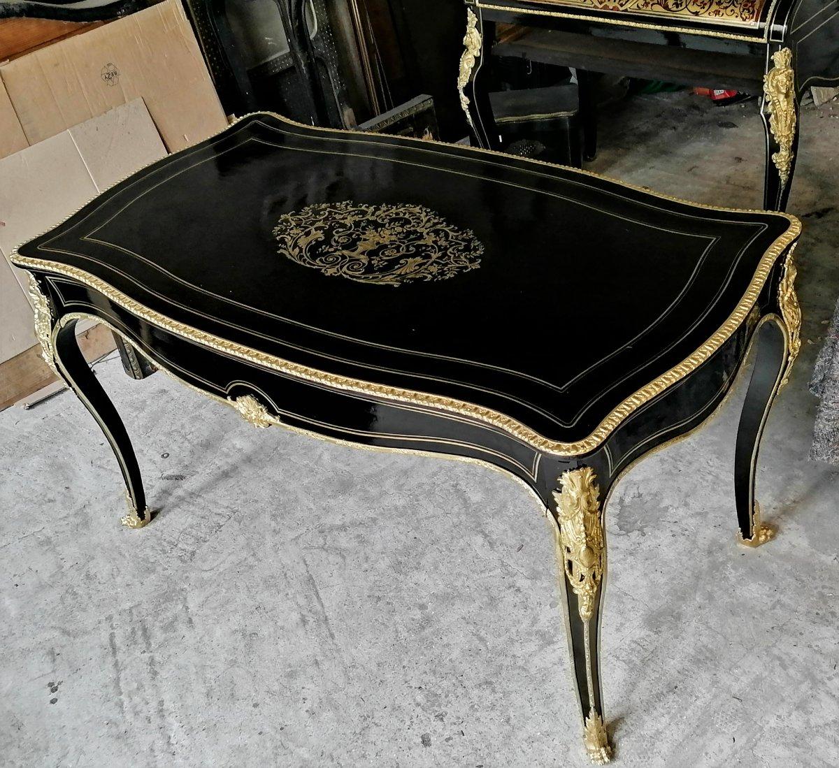 Brass Napoleon III Large Desk Table in Boulle Louis XV Style, France, 1865