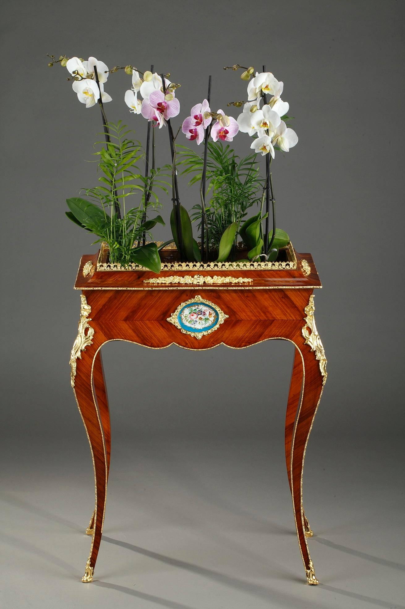 Late 19th century large jardiniere in Louis XV style with curved body and elegant cabriole foliated legs. It has applied ormolu decorations at all corners and top baluster trim. The jardiniere is accented by two multicolored porcelain plates