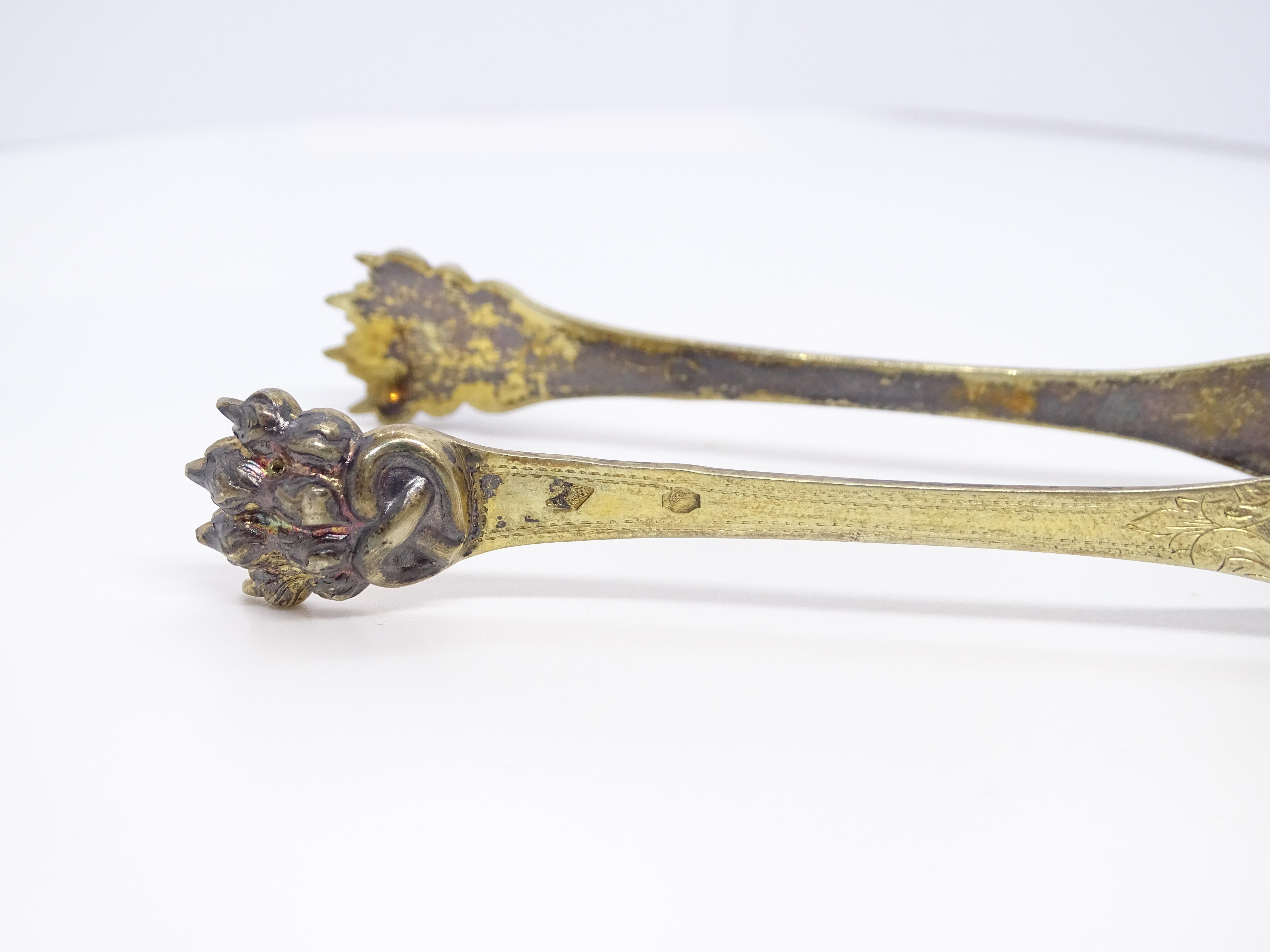 Napoleón III Pata de león Pinzas para azúcar plata vermeille Francia en venta 9
