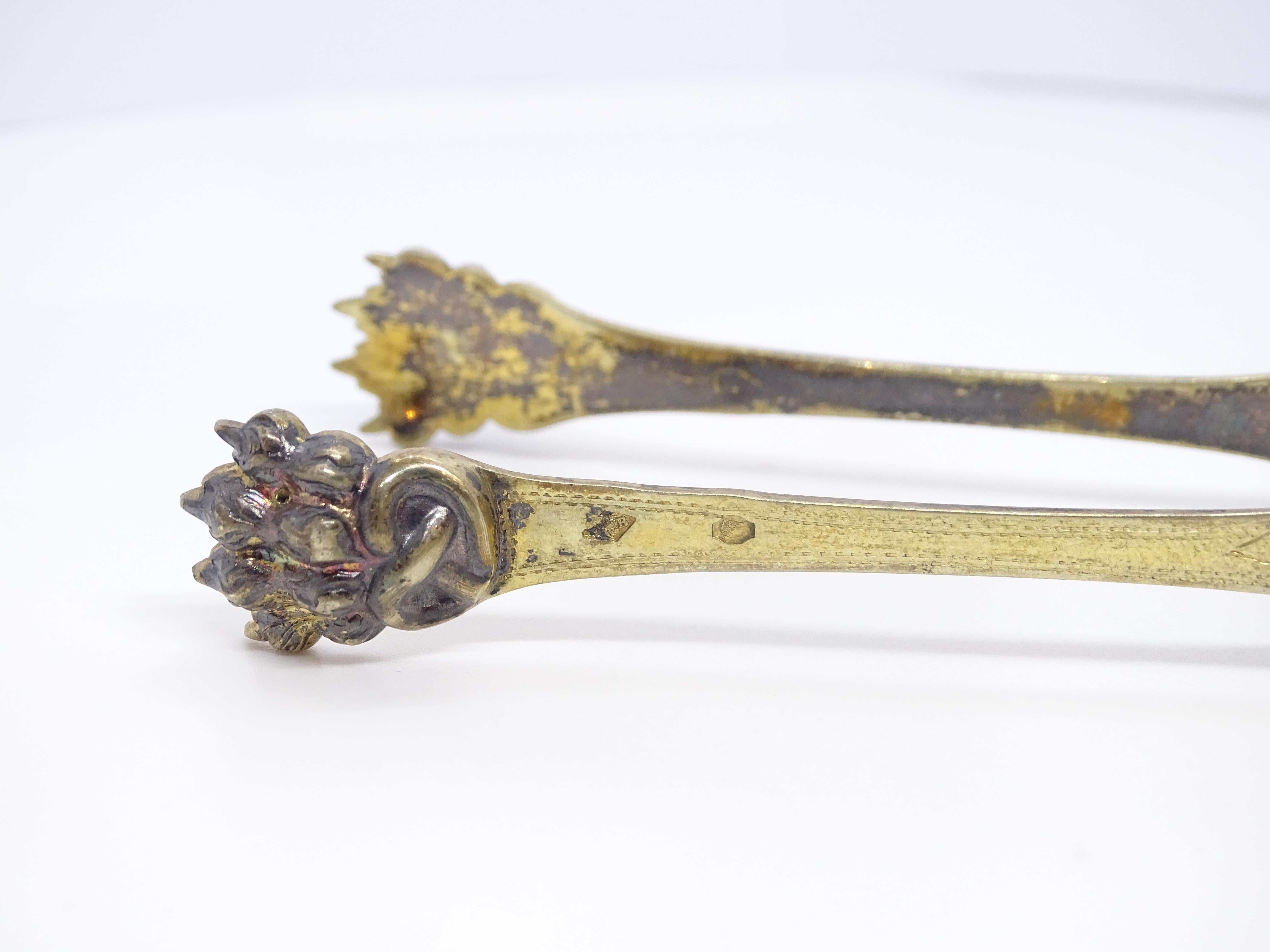 Napoleón III Pata de león Pinzas para azúcar plata vermeille Francia en venta 10