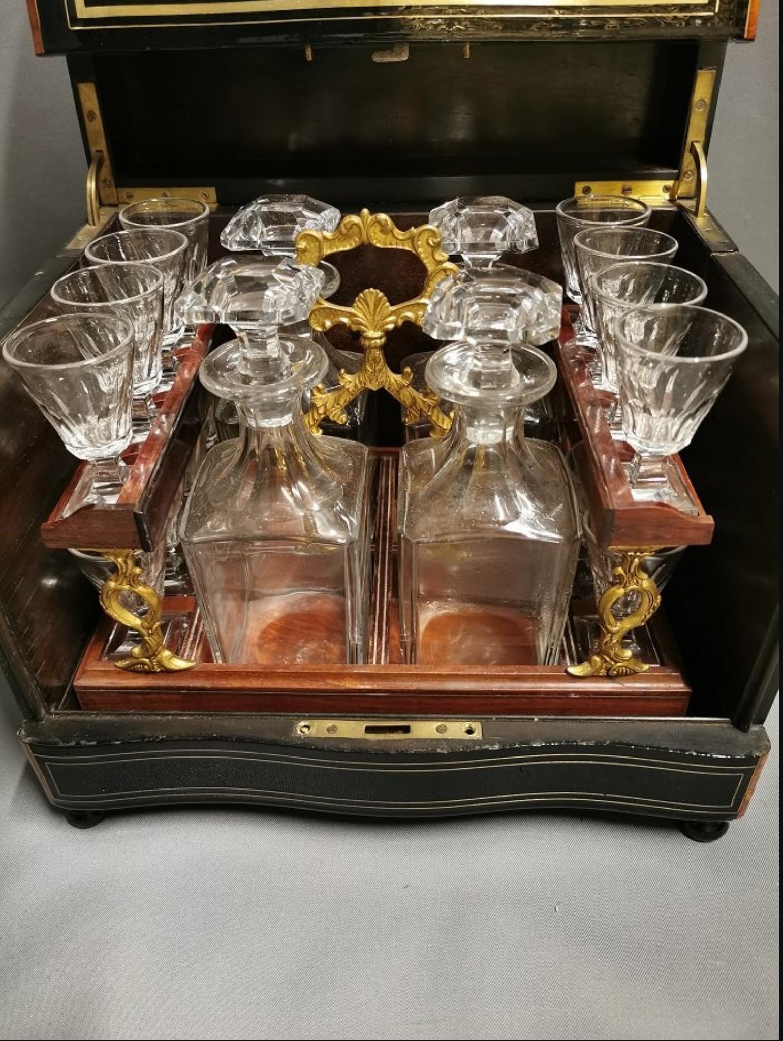 Blackened Napoleon III Liquor Cellar and Baccarat Crystal Set, France, 19th Century