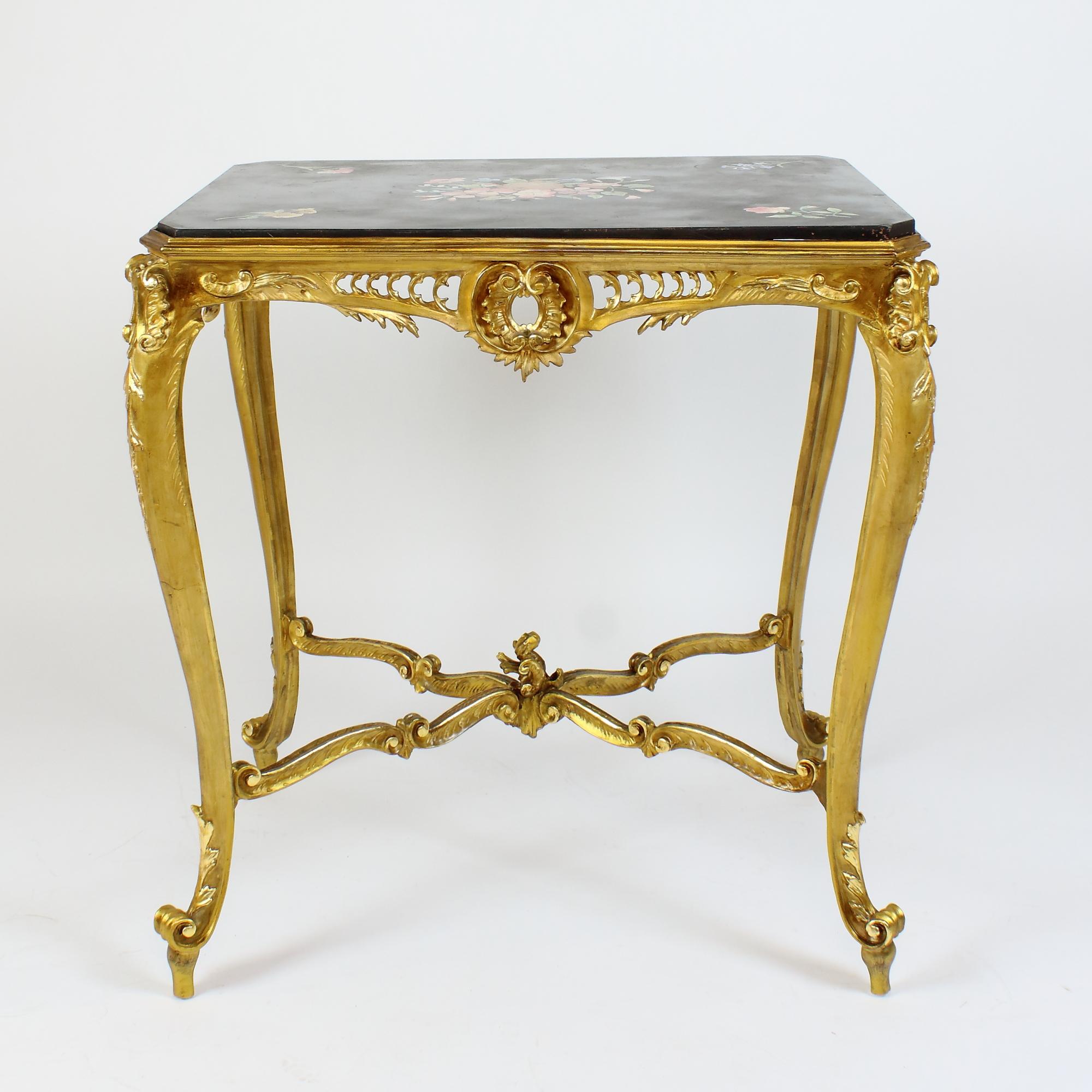 Table centrale à dessert en bois doré de style Louis XV avec plateau en scagliola de style Napoléon III Bon état - En vente à Berlin, DE