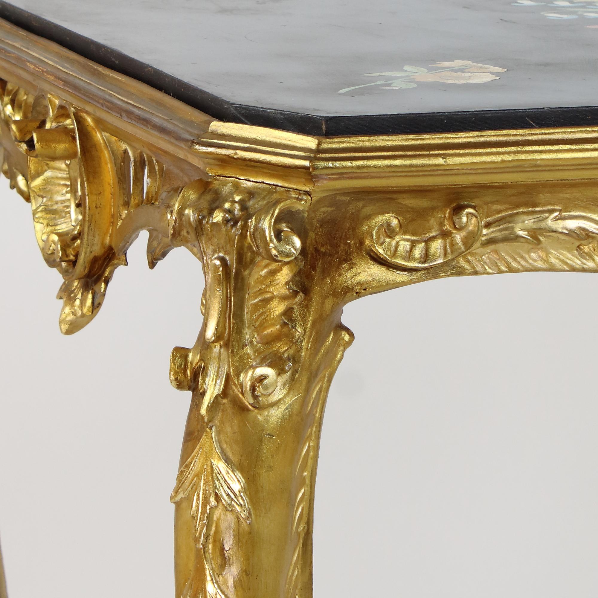 Table centrale à dessert en bois doré de style Louis XV avec plateau en scagliola de style Napoléon III en vente 2