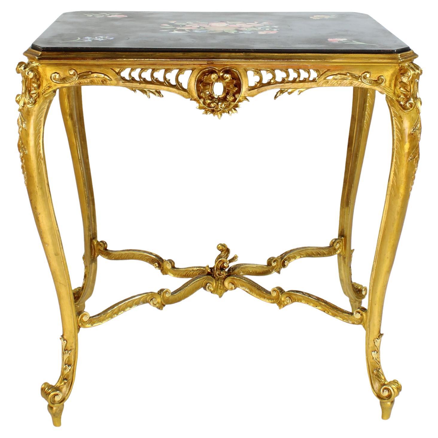 Table centrale à dessert en bois doré de style Louis XV avec plateau en scagliola de style Napoléon III en vente