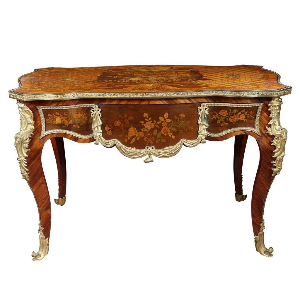 Gilt Napoleon III Louis XV Style Marquetry Desk Bureau Plat