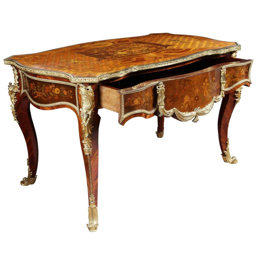 Bronze Napoleon III Louis XV Style Marquetry Desk Bureau Plat