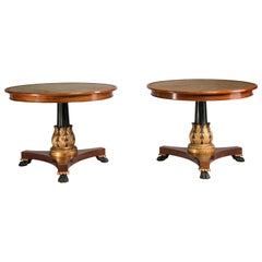 Antique Napoleon III Mahogany Lacquered Rounded Leather Top Gueridon Tables Set of 2