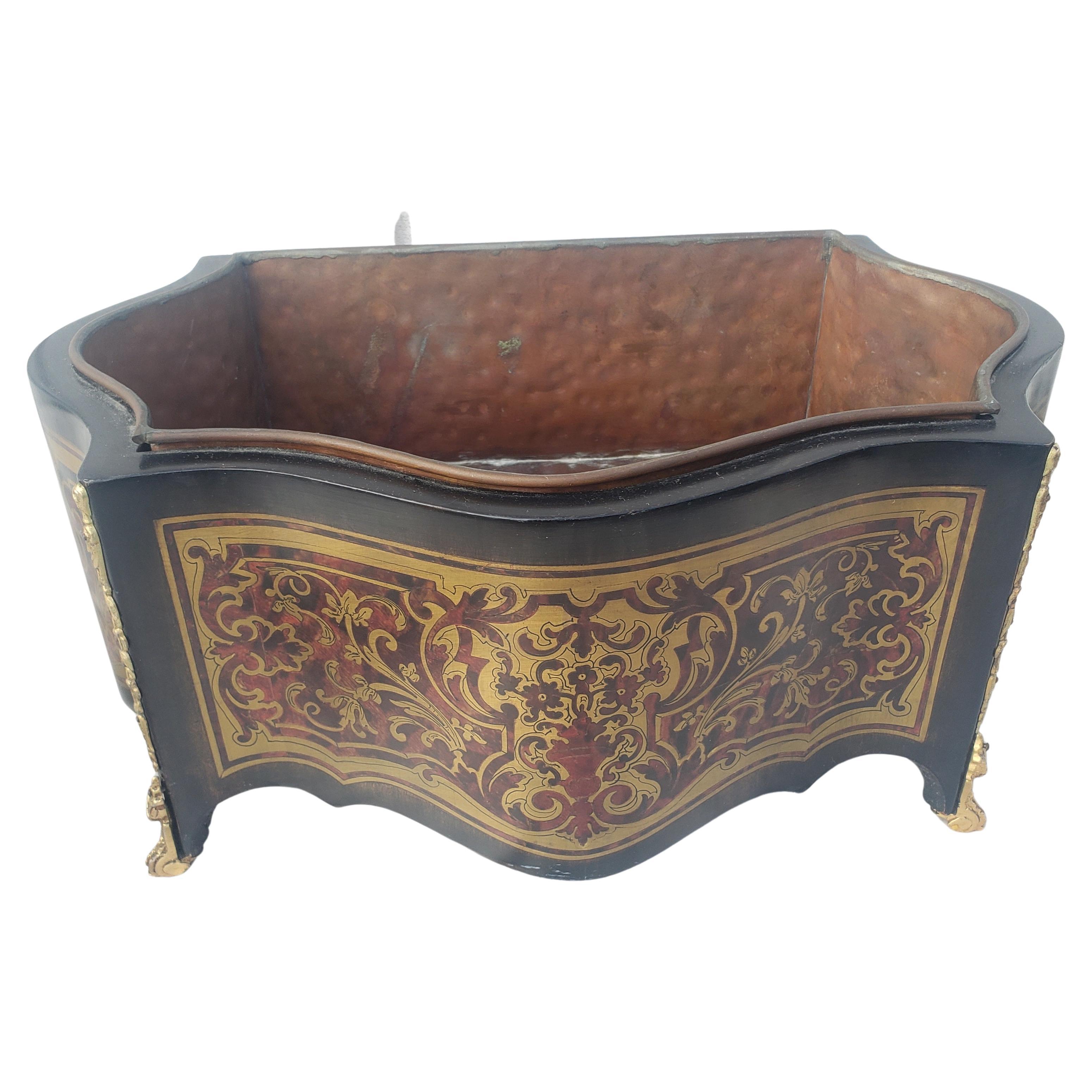 Napoleon III Mahogany Marquetry Style Decorated and Copper Liner Jardiniere planter. Very good antique condition. Measures 16