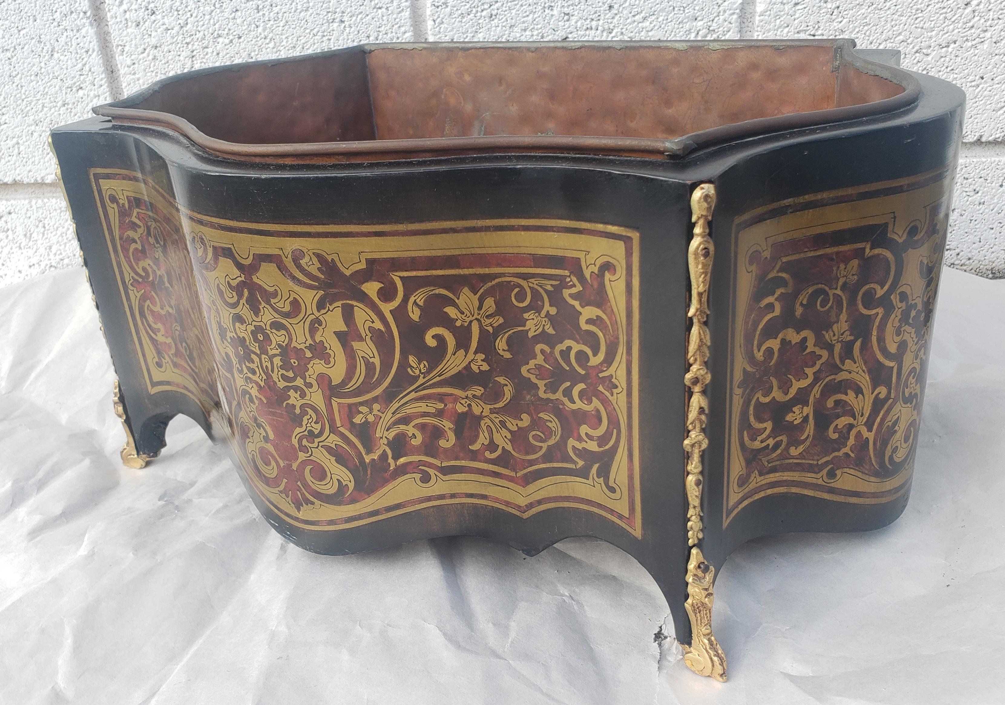 20th Century Napoleon III Mahogany Marquetry Style Decorated and Copper Liner Jardiniere For Sale