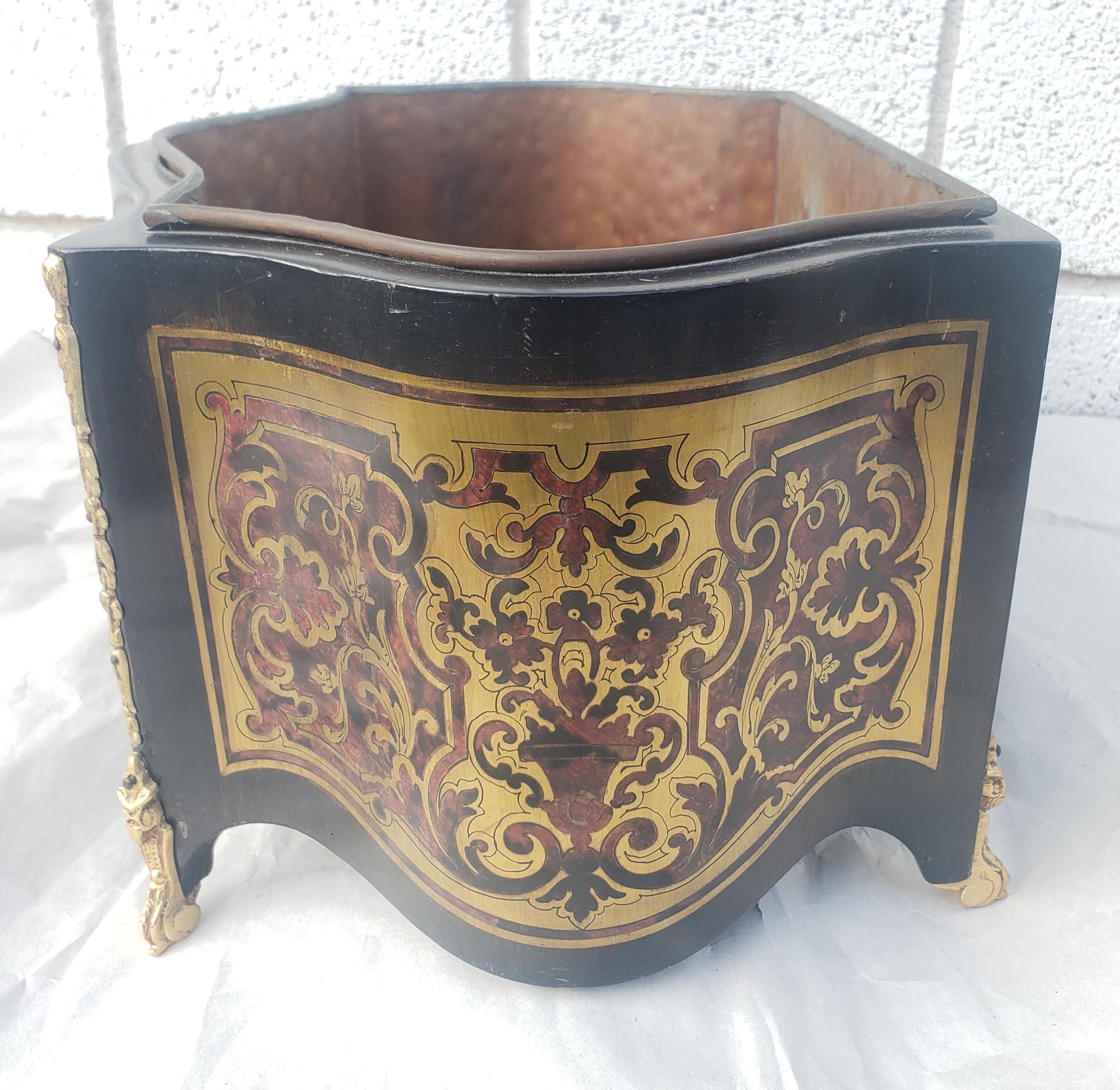 Brass Napoleon III Mahogany Marquetry Style Decorated and Copper Liner Jardiniere For Sale