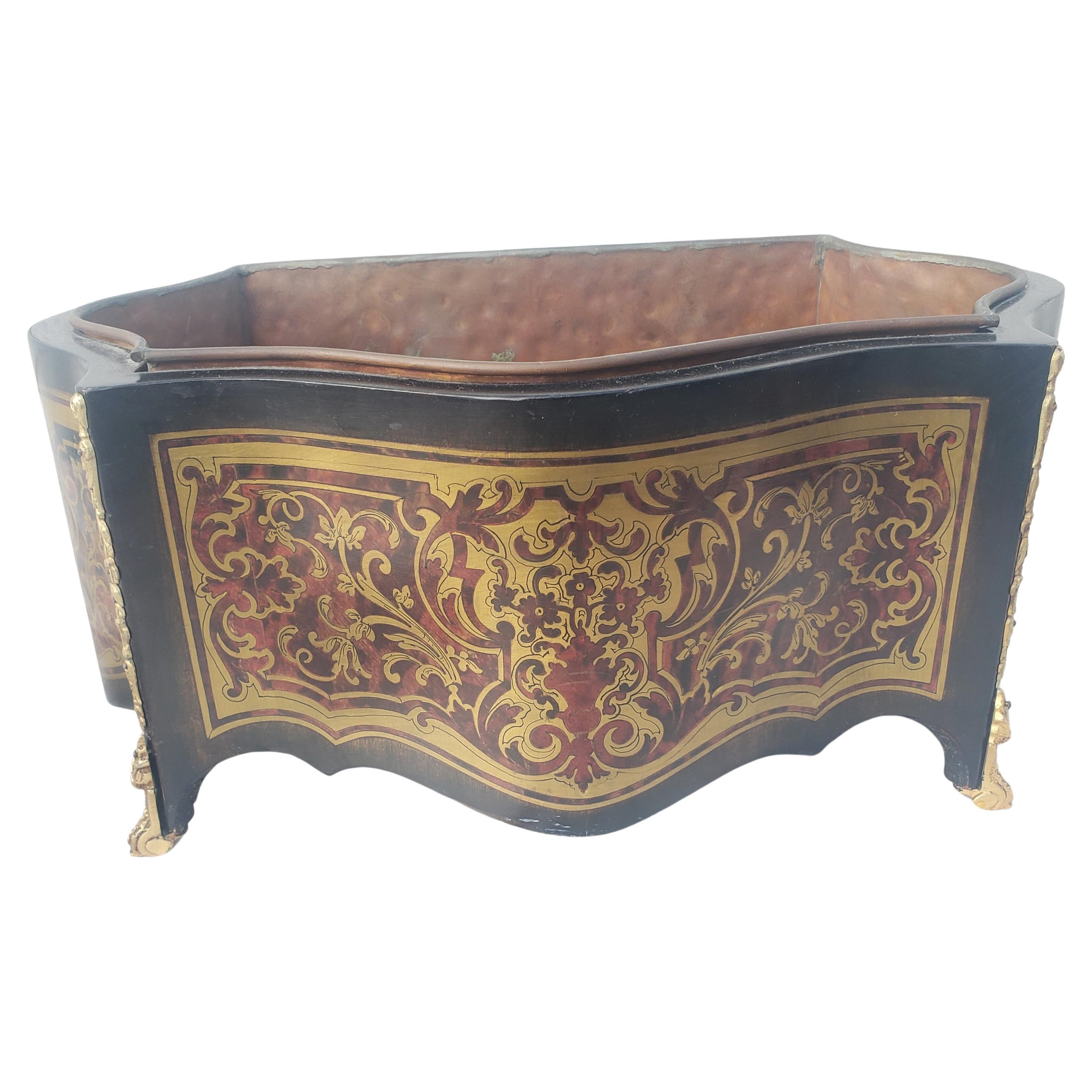 Napoleon III Mahogany Marquetry Style Decorated and Copper Liner Jardiniere For Sale