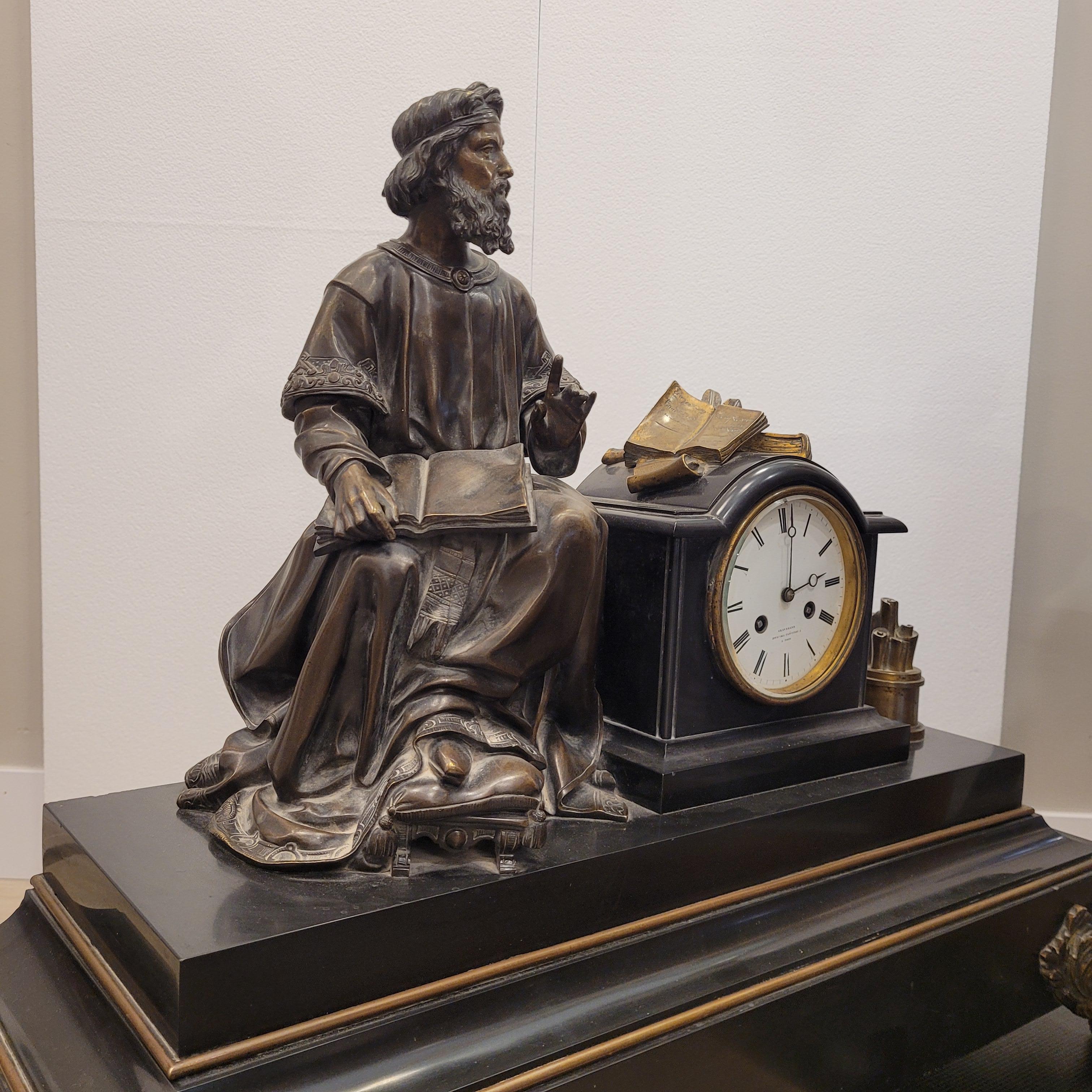 Napoleon III Mantel  clock  in Black marble and bronce philosopher sculture For Sale 5