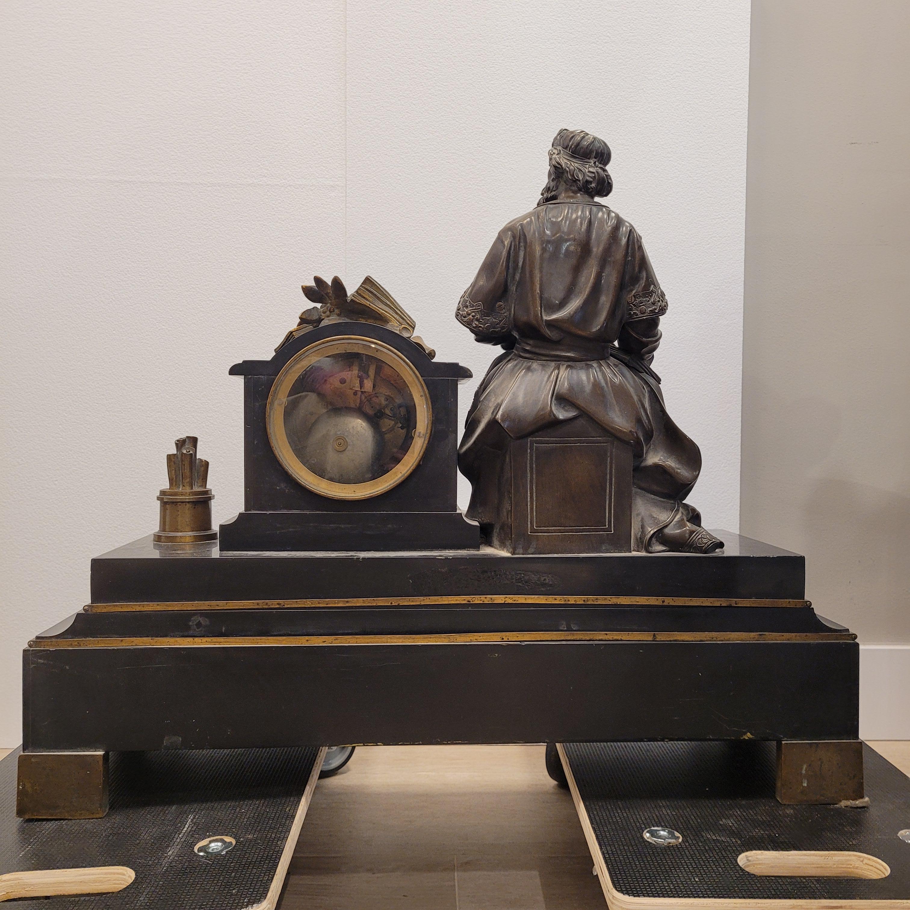 Napoleon III Mantel  clock  in Black marble and bronce philosopher sculture For Sale 7