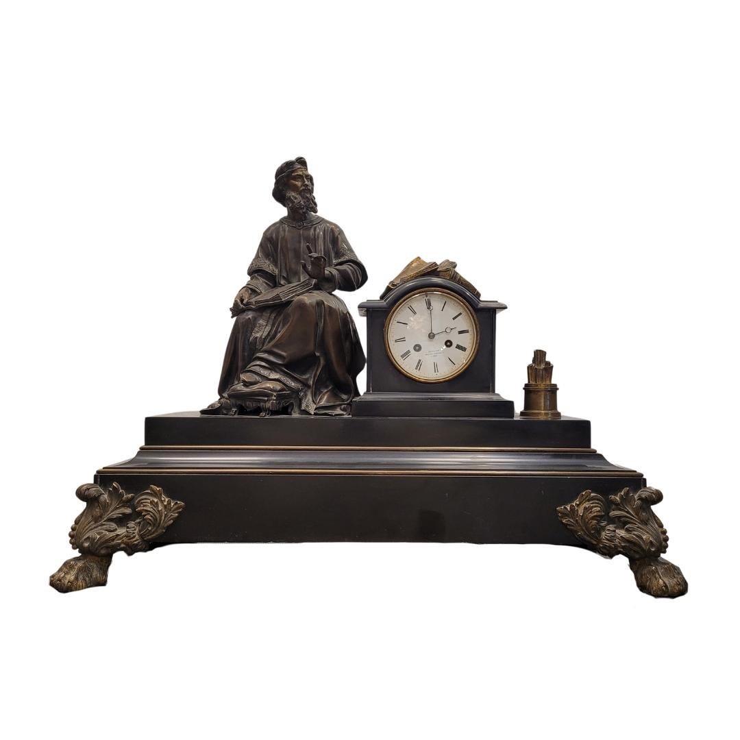 Napoleon III Mantel  clock  in Black marble and bronce philosopher sculture For Sale 11