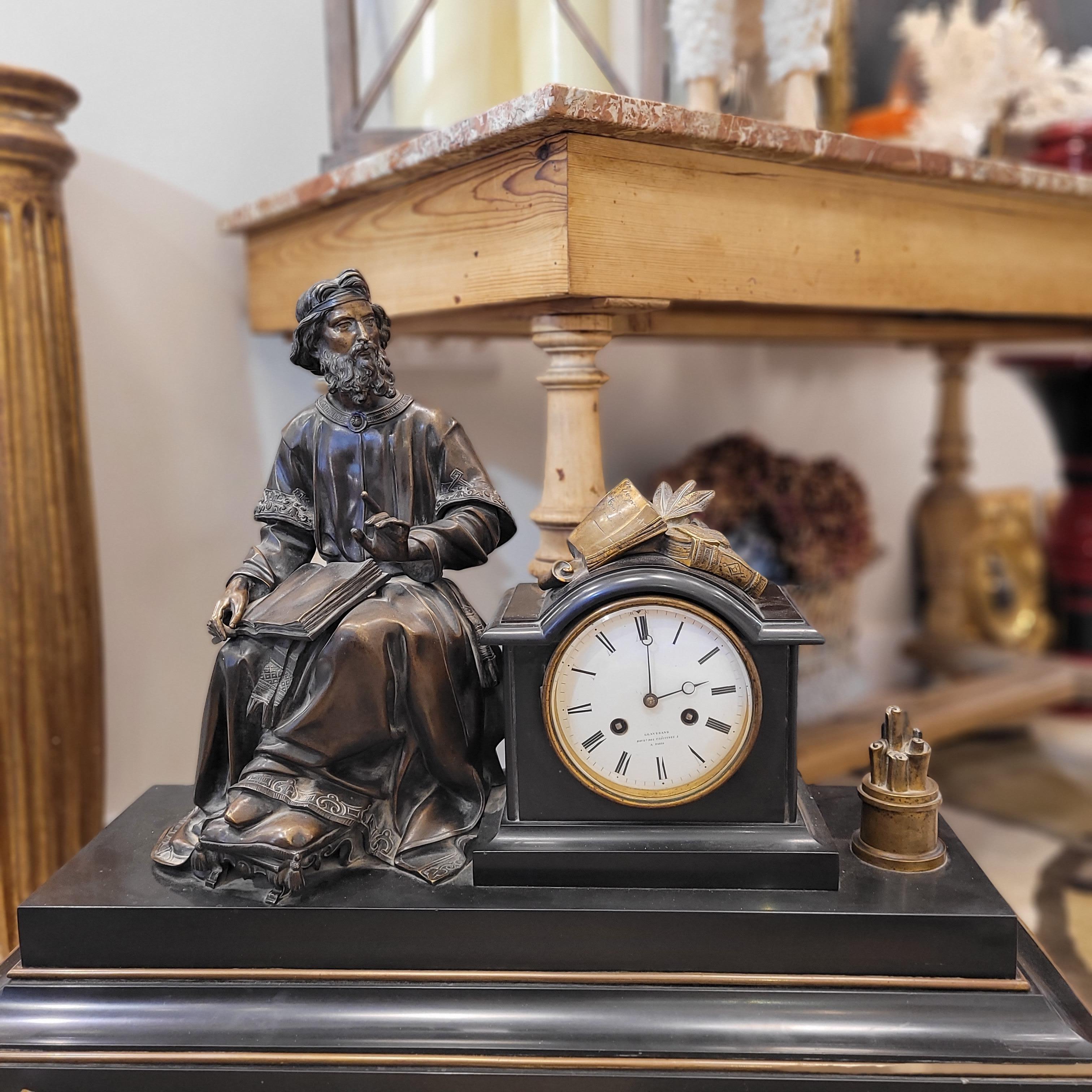 Napoleon III Mantel  clock  in Black marble and bronce philosopher sculture For Sale 13