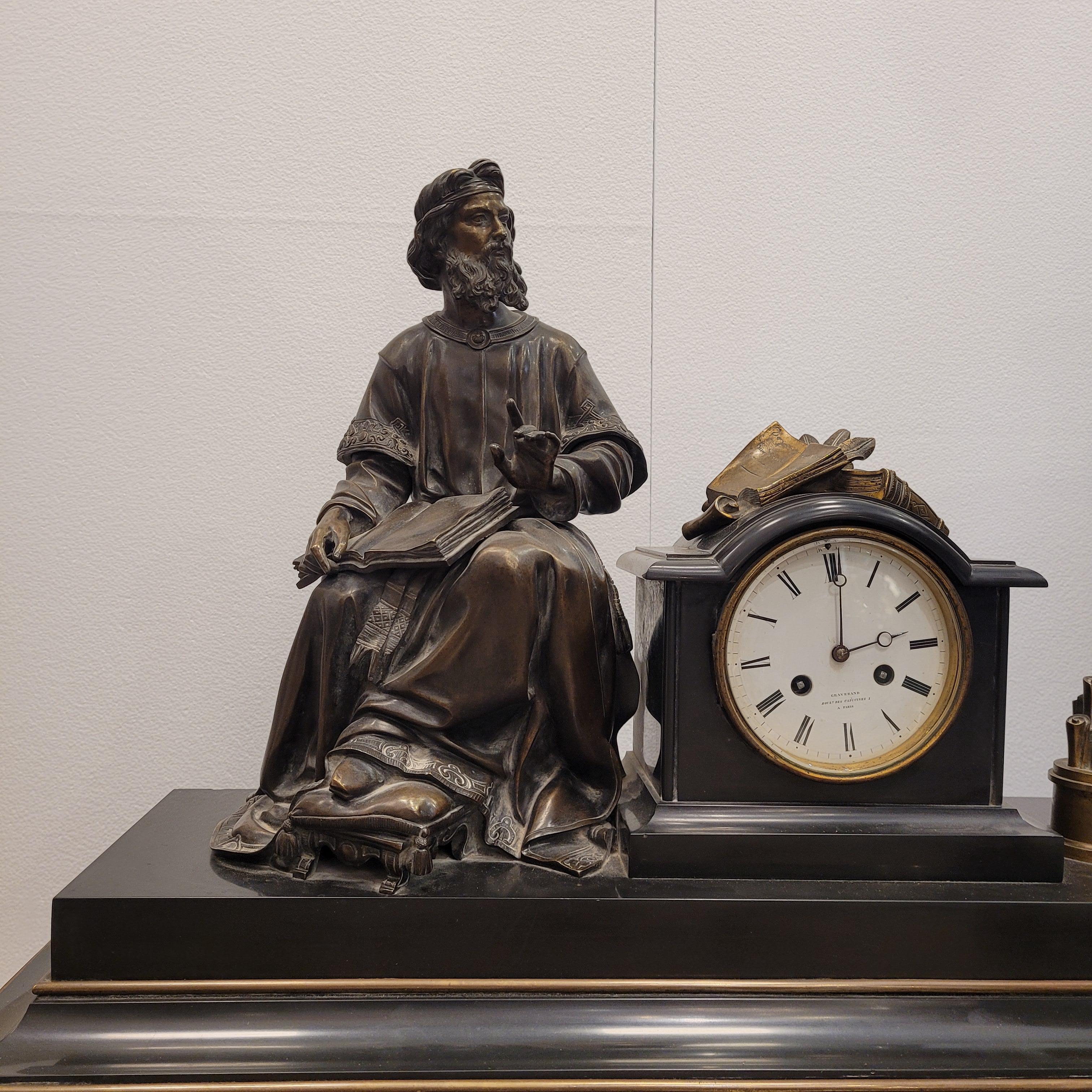 Hand-Crafted Napoleon III Mantel  clock  in Black marble and bronce philosopher sculture For Sale