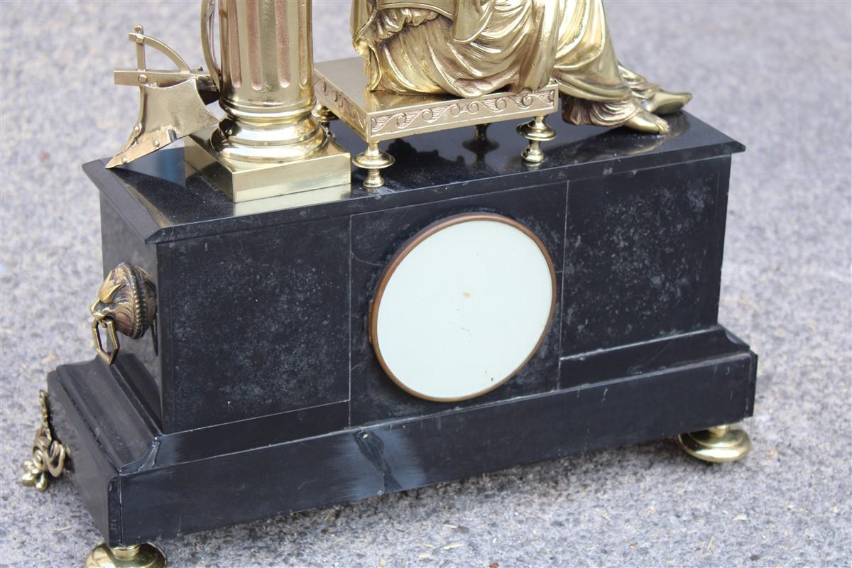 Napoleon III Mantel Clock or Console 180s Black Marble and Solid Brass Sculpture For Sale 6