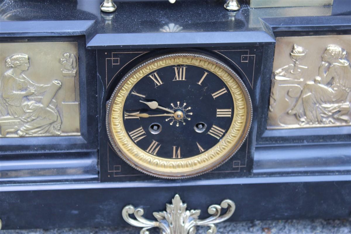 Napoleon III Mantel Clock or Console 180s Black Marble and Solid Brass Sculpture For Sale 11