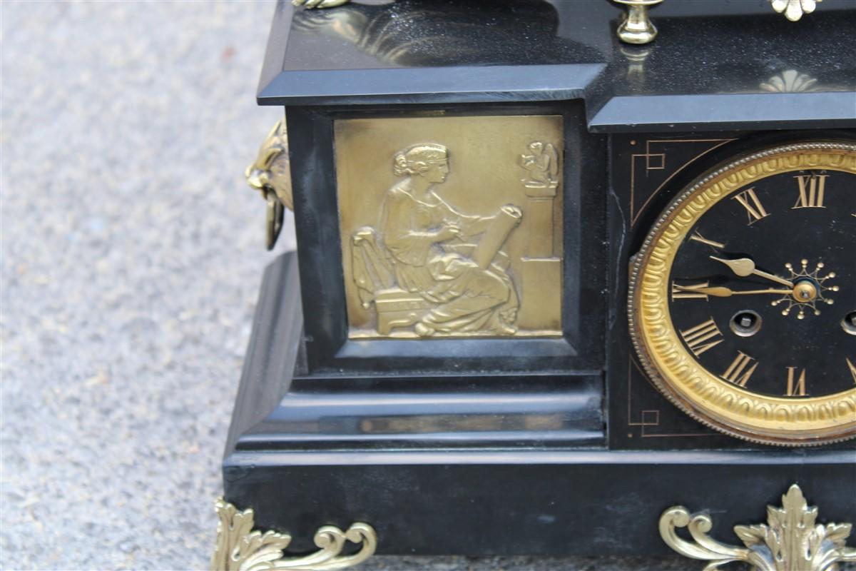 Napoleon III Mantel Clock or Console 180s Black Marble and Solid Brass Sculpture For Sale 13
