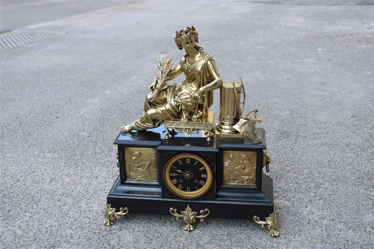 French Napoleon III Mantel Clock or Console 180s Black Marble and Solid Brass Sculpture For Sale