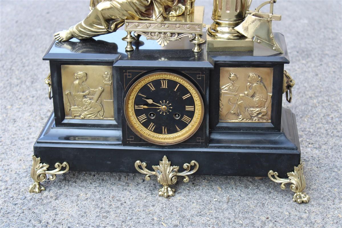 Late 19th Century Napoleon III Mantel Clock or Console 180s Black Marble and Solid Brass Sculpture For Sale