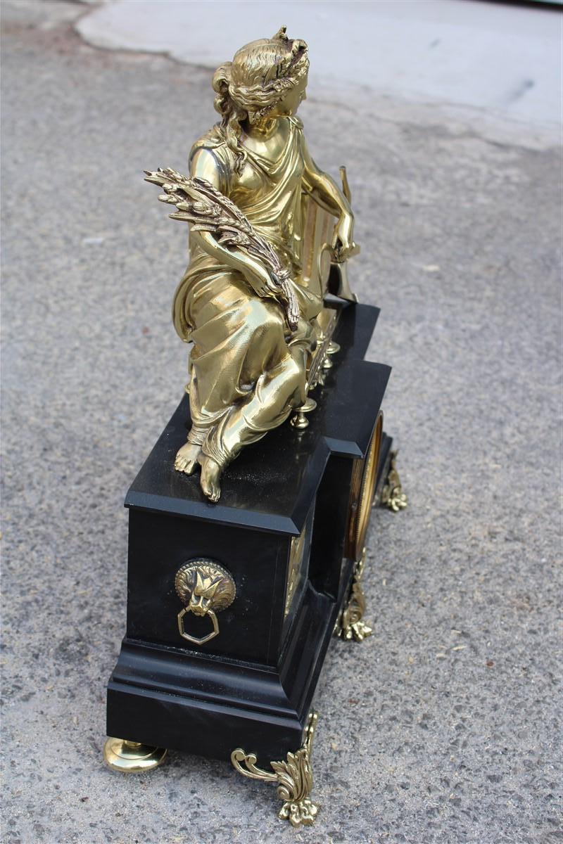 Napoleon III Mantel Clock or Console 180s Black Marble and Solid Brass Sculpture For Sale 1