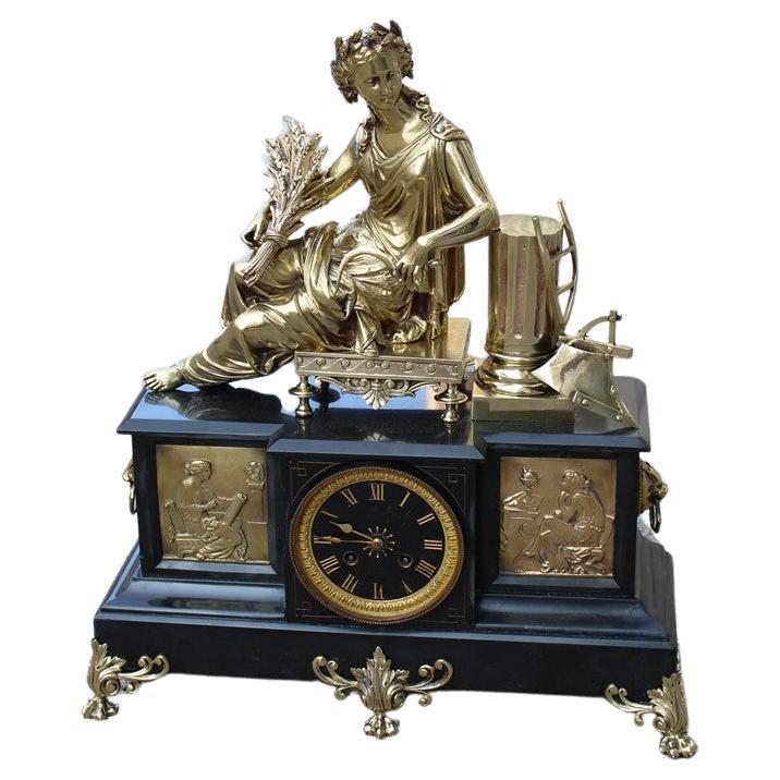 Napoleon III Mantel Clock or Console 180s Black Marble and Solid Brass Sculpture For Sale