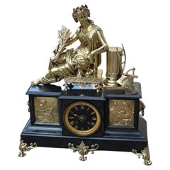 Napoleon III Mantel Clock or Console 180s Black Marble and Solid Brass Sculpture