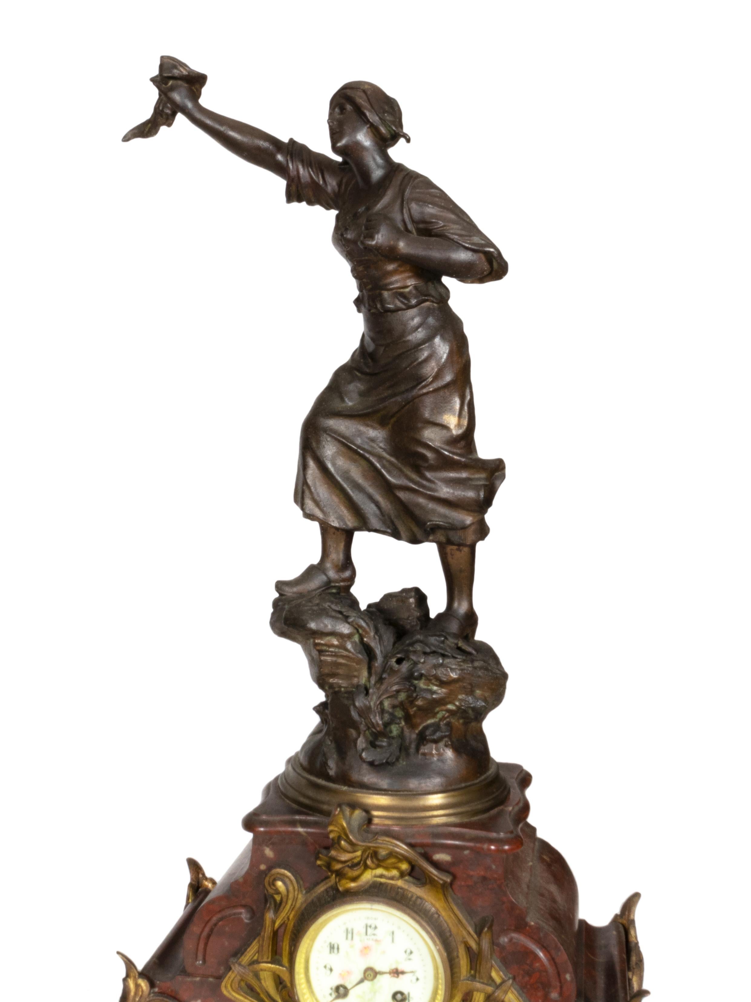 French Napoleon III Mantel Clock with Red Marble, 19th Century For Sale