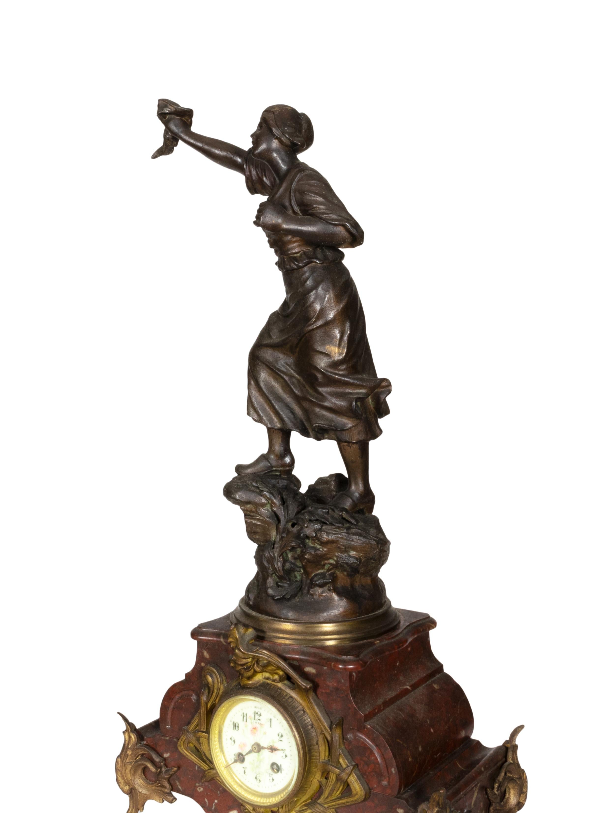 Metal Napoleon III Mantel Clock with Red Marble, 19th Century For Sale
