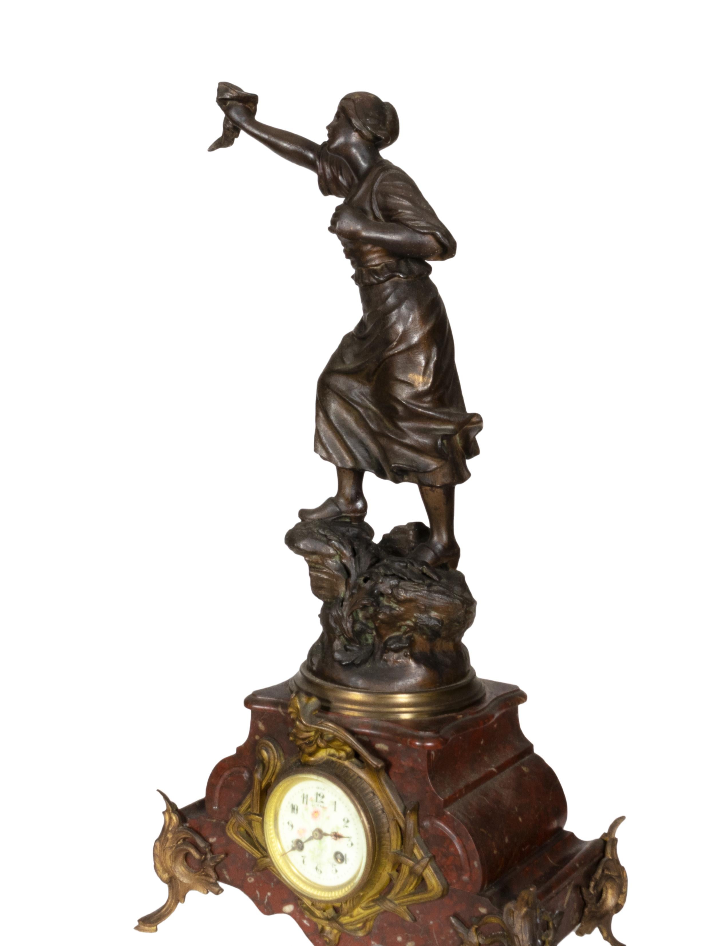Metal Napoleon III Mantel Clock with Red Marble, 19th Century For Sale