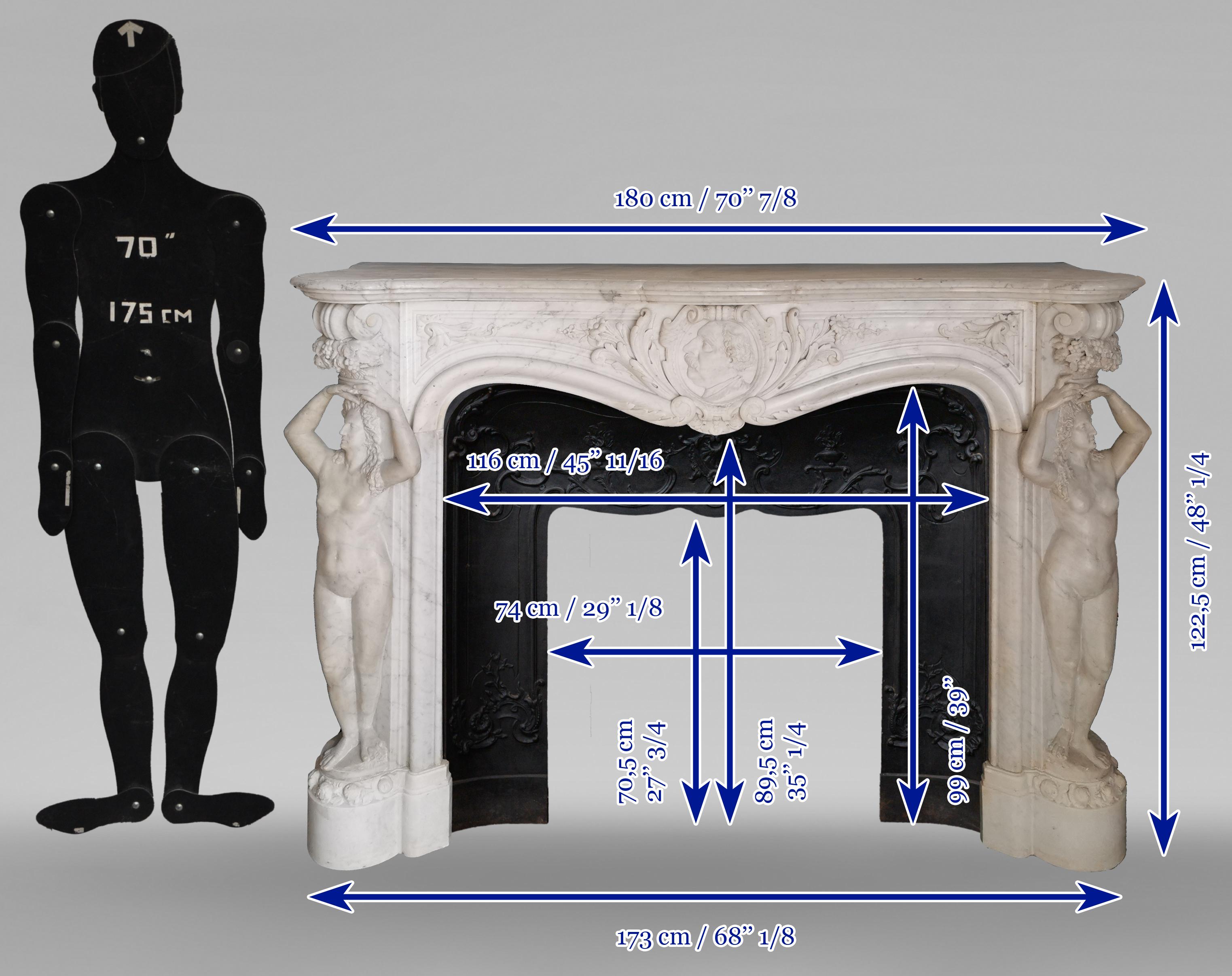 Napoleon III Marble Fireplace with Caryatids, Unique Creation, 1880 For Sale 10
