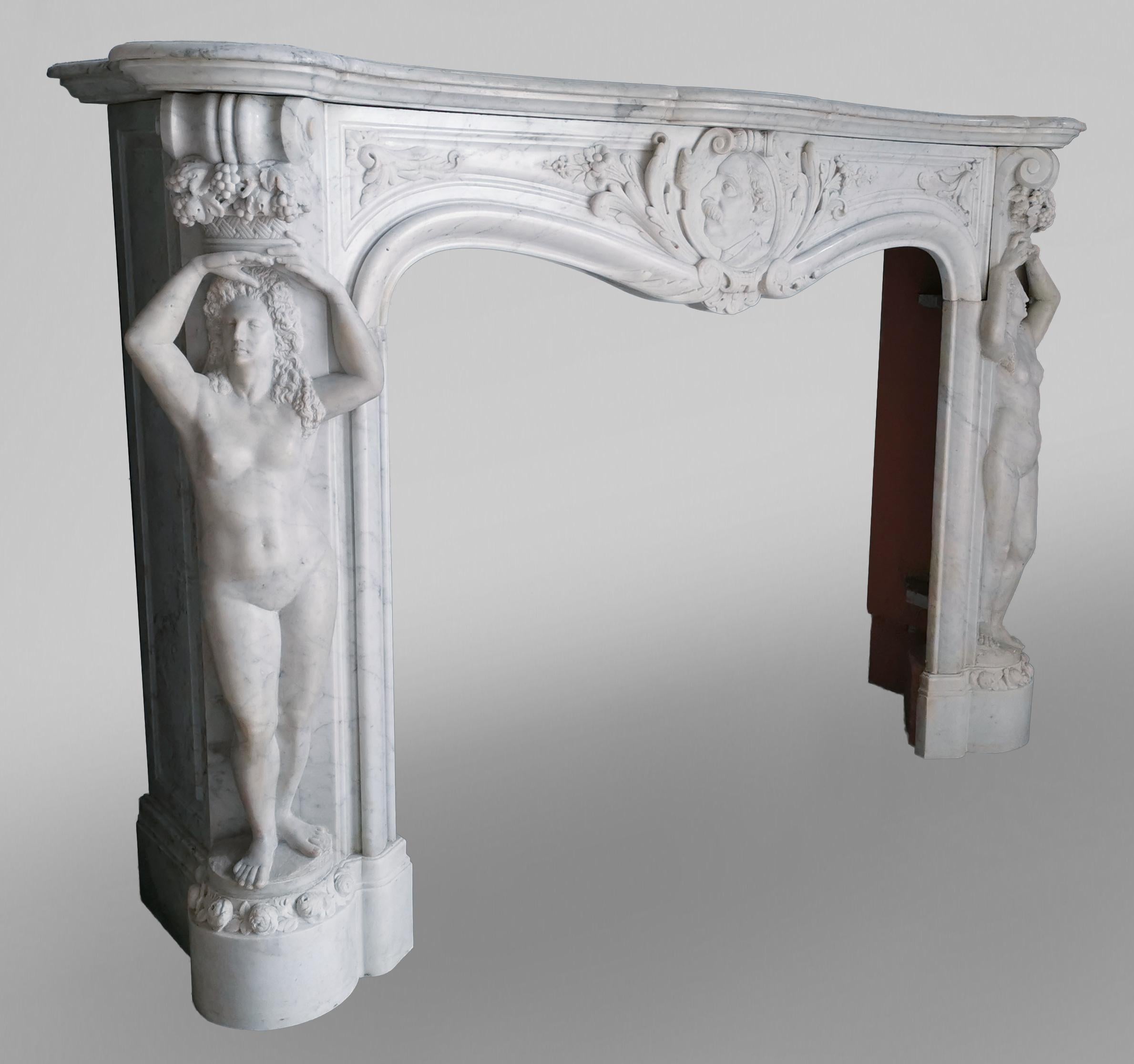 Carved Napoleon III Marble Fireplace with Caryatids, Unique Creation, 1880 For Sale