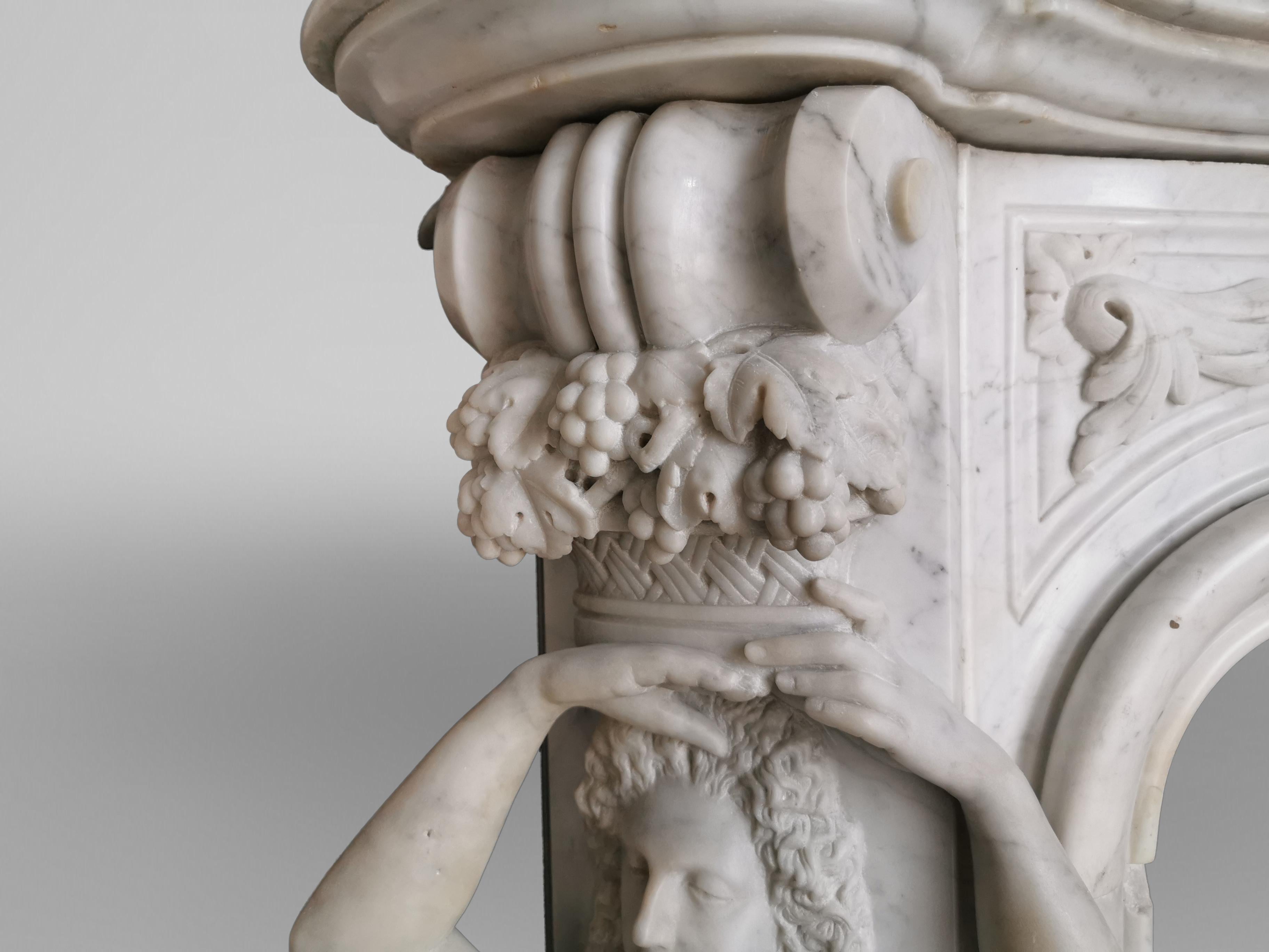 19th Century Napoleon III Marble Fireplace with Caryatids, Unique Creation, 1880 For Sale